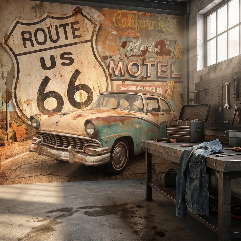 Vintage Route 66 Peel and Stick Wall Mural, Retro Motel Sign with Classic Car Rustic American Garage Loft Wallpaper