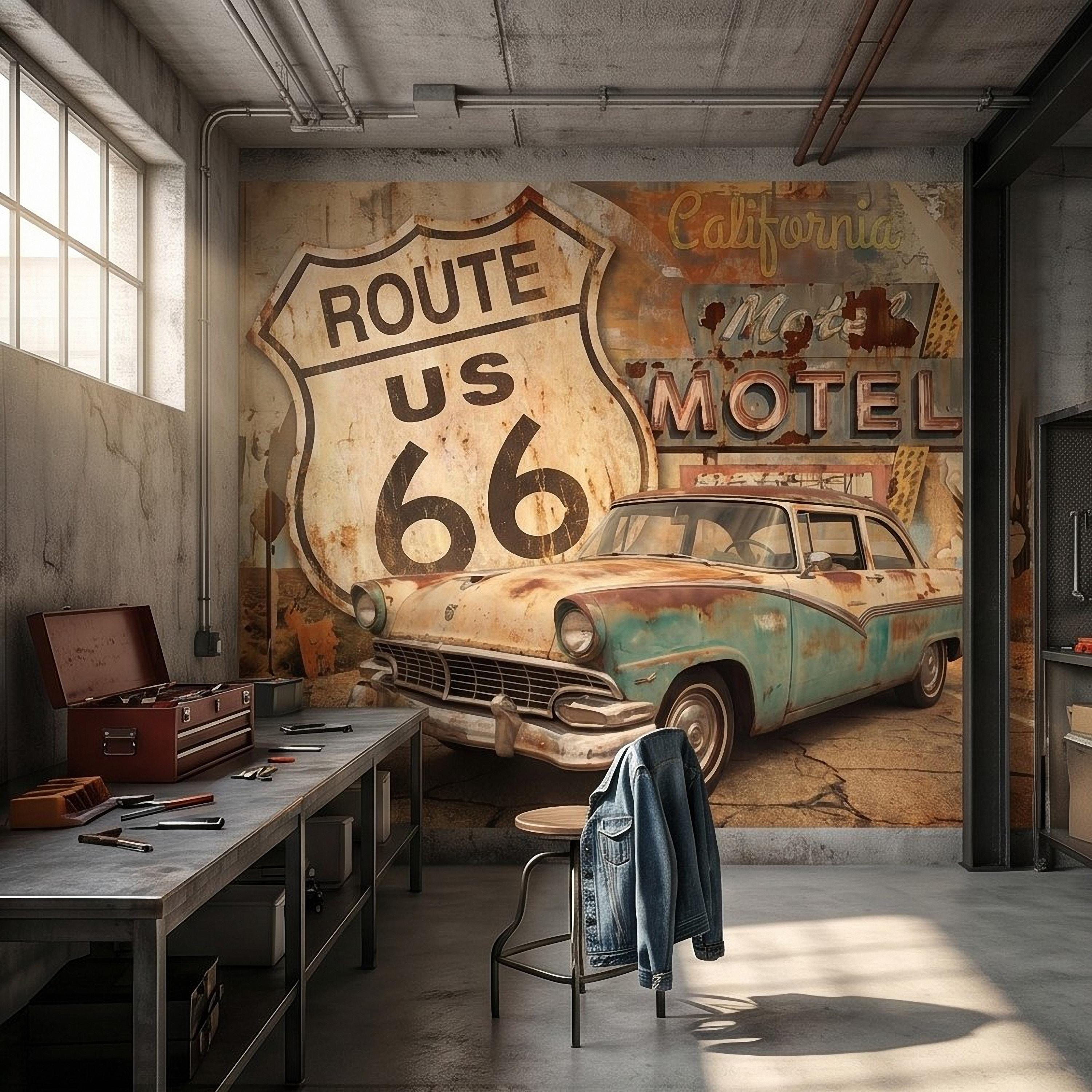 Vintage Route 66 Peel and Stick Wall Mural, Retro Motel Sign with Classic Car Rustic American Garage Loft Wallpaper
