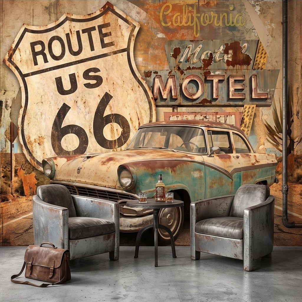 Vintage Route 66 Peel and Stick Wall Mural, Retro Motel Sign with Classic Car Rustic American Garage Loft Wallpaper