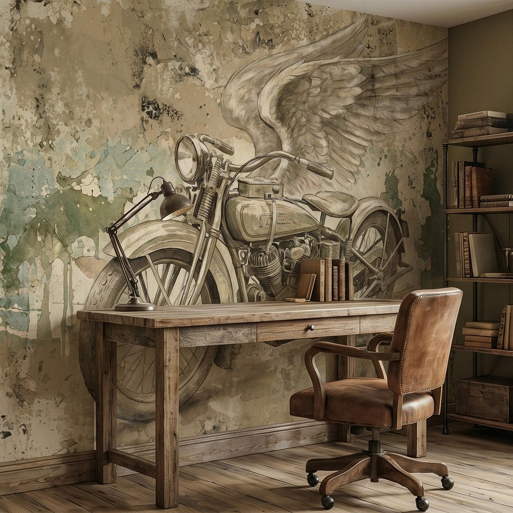 Vintage Motorcycle Peel and Stick Wall Mural, Retro Biker with Wings Rustic Industrial Garage Man Cave Wallpaper