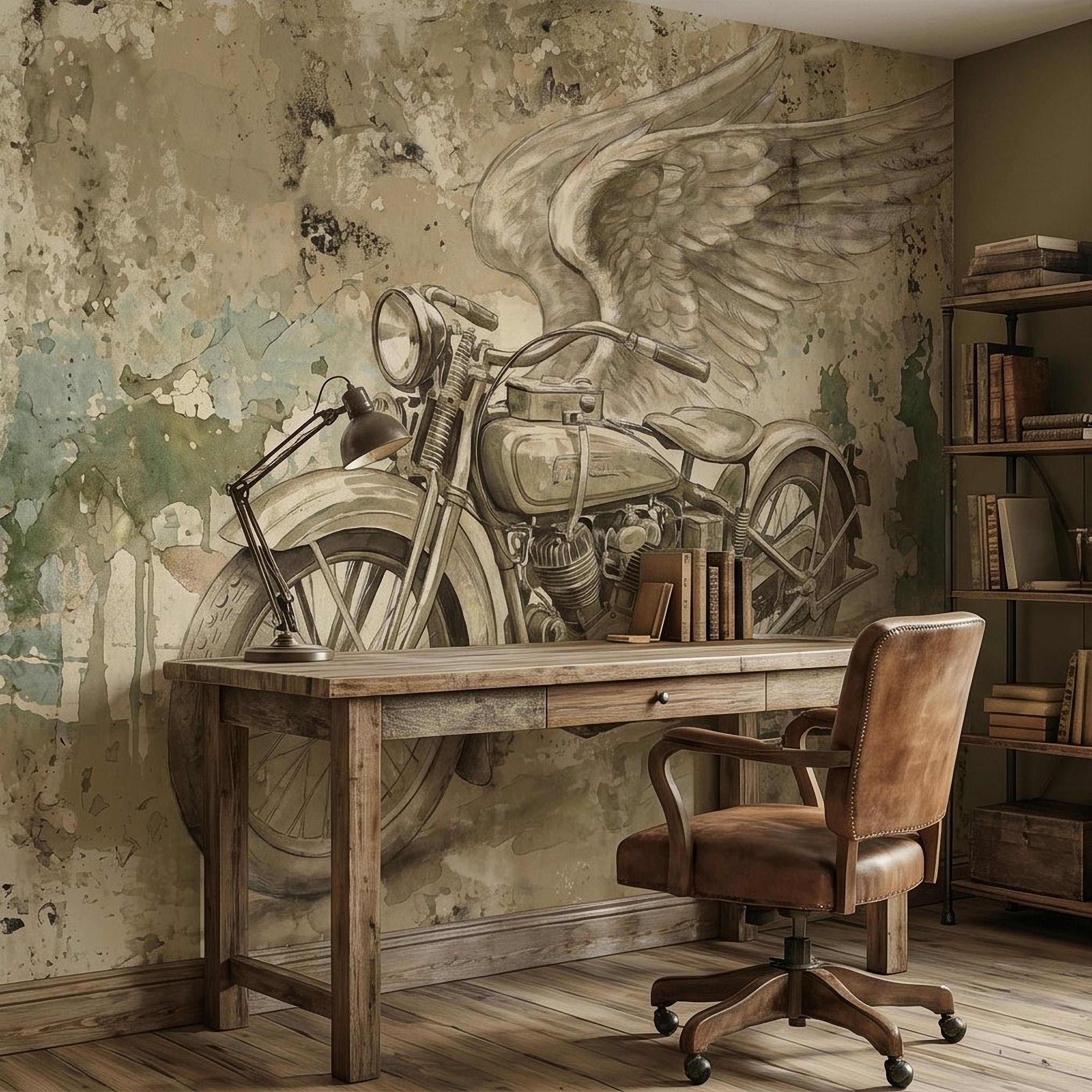 Vintage Motorcycle Peel and Stick Wall Mural, Retro Biker with Wings Rustic Industrial Garage Man Cave Wallpaper