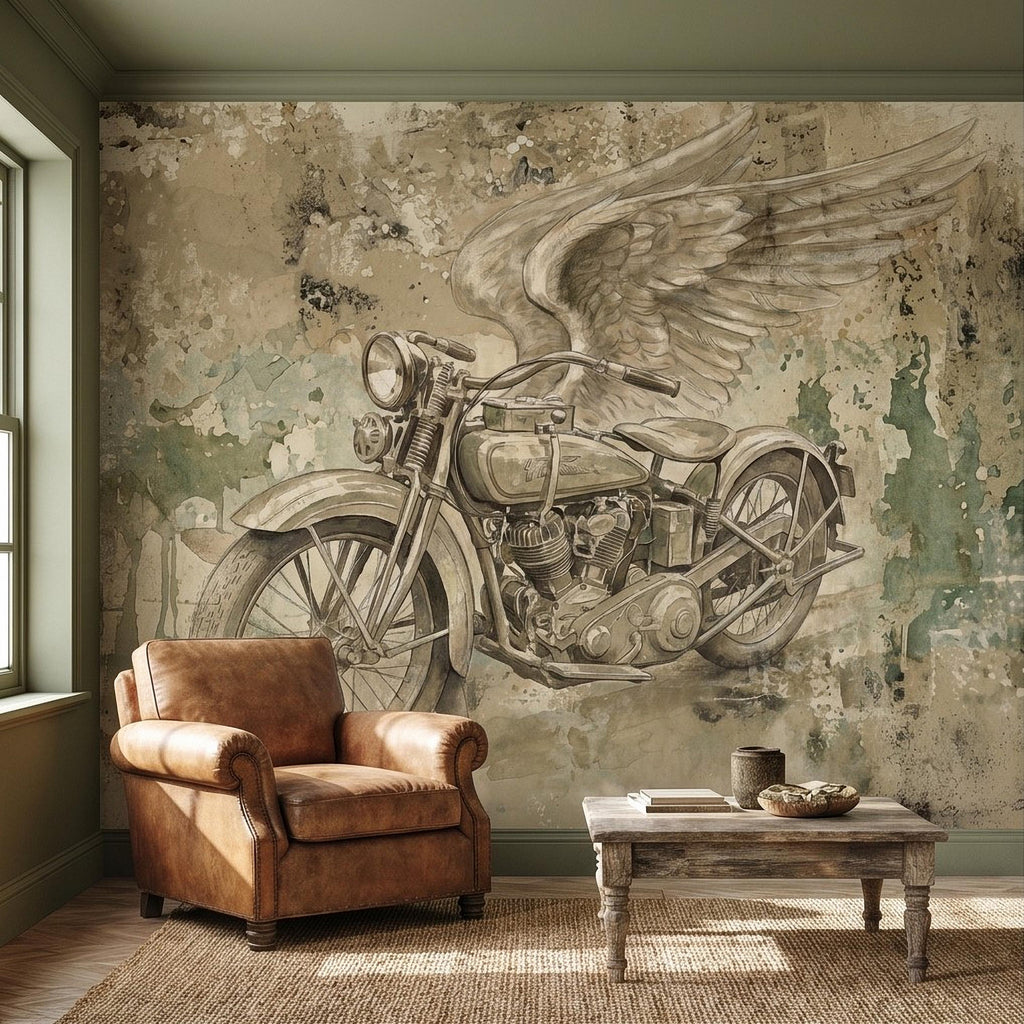 Vintage Motorcycle Peel and Stick Wall Mural, Retro Biker with Wings Rustic Industrial Garage Man Cave Wallpaper