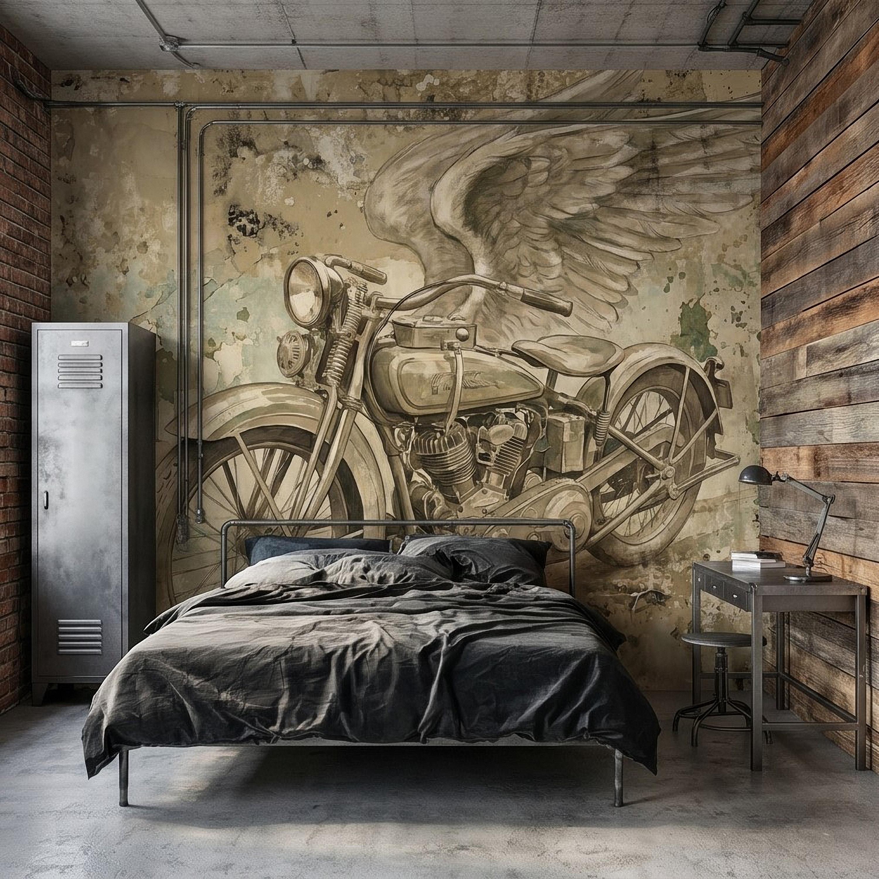 Vintage Motorcycle Peel and Stick Wall Mural, Retro Biker with Wings Rustic Industrial Garage Man Cave Wallpaper