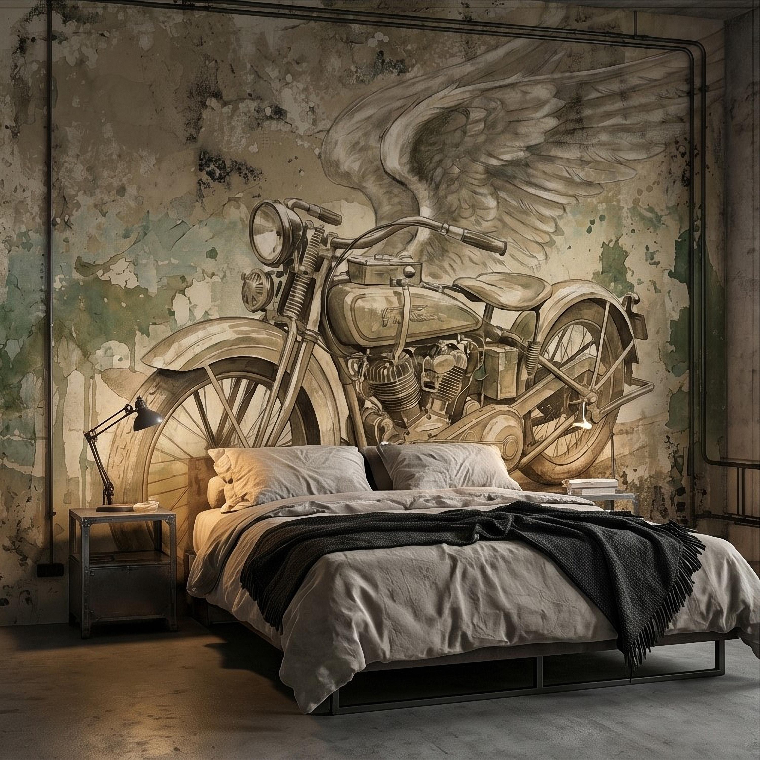 Vintage Motorcycle Peel and Stick Wall Mural, Retro Biker with Wings Rustic Industrial Garage Man Cave Wallpaper