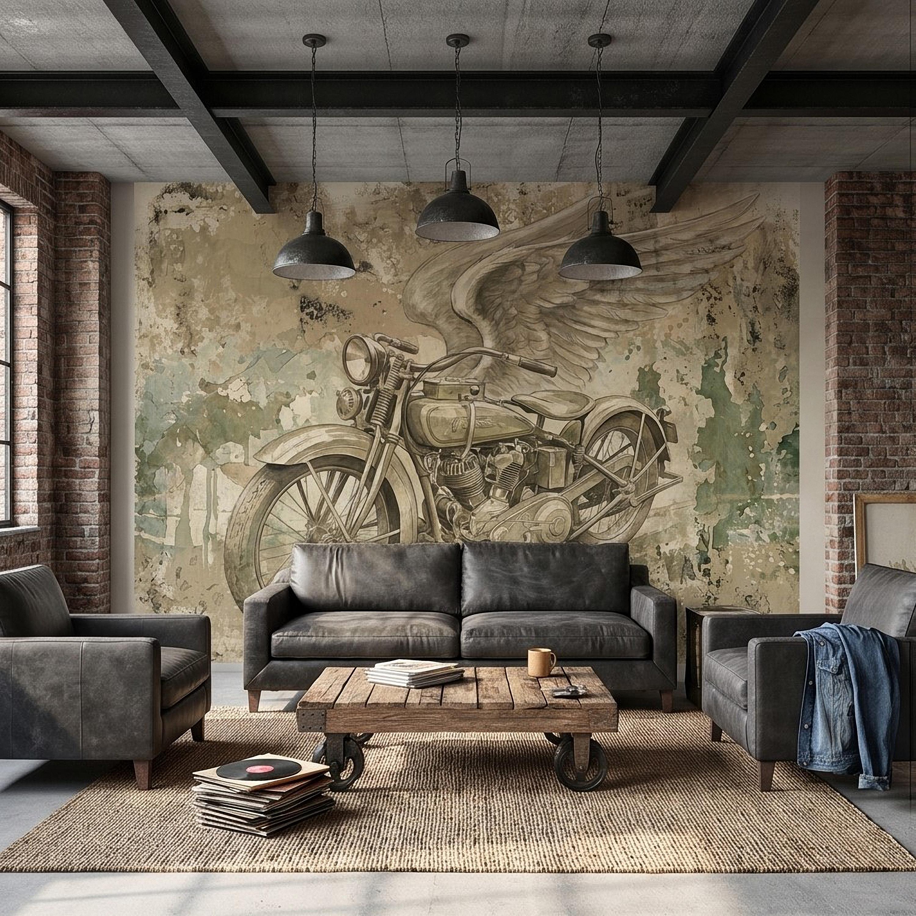 Vintage Motorcycle Peel and Stick Wall Mural, Retro Biker with Wings Rustic Industrial Garage Man Cave Wallpaper