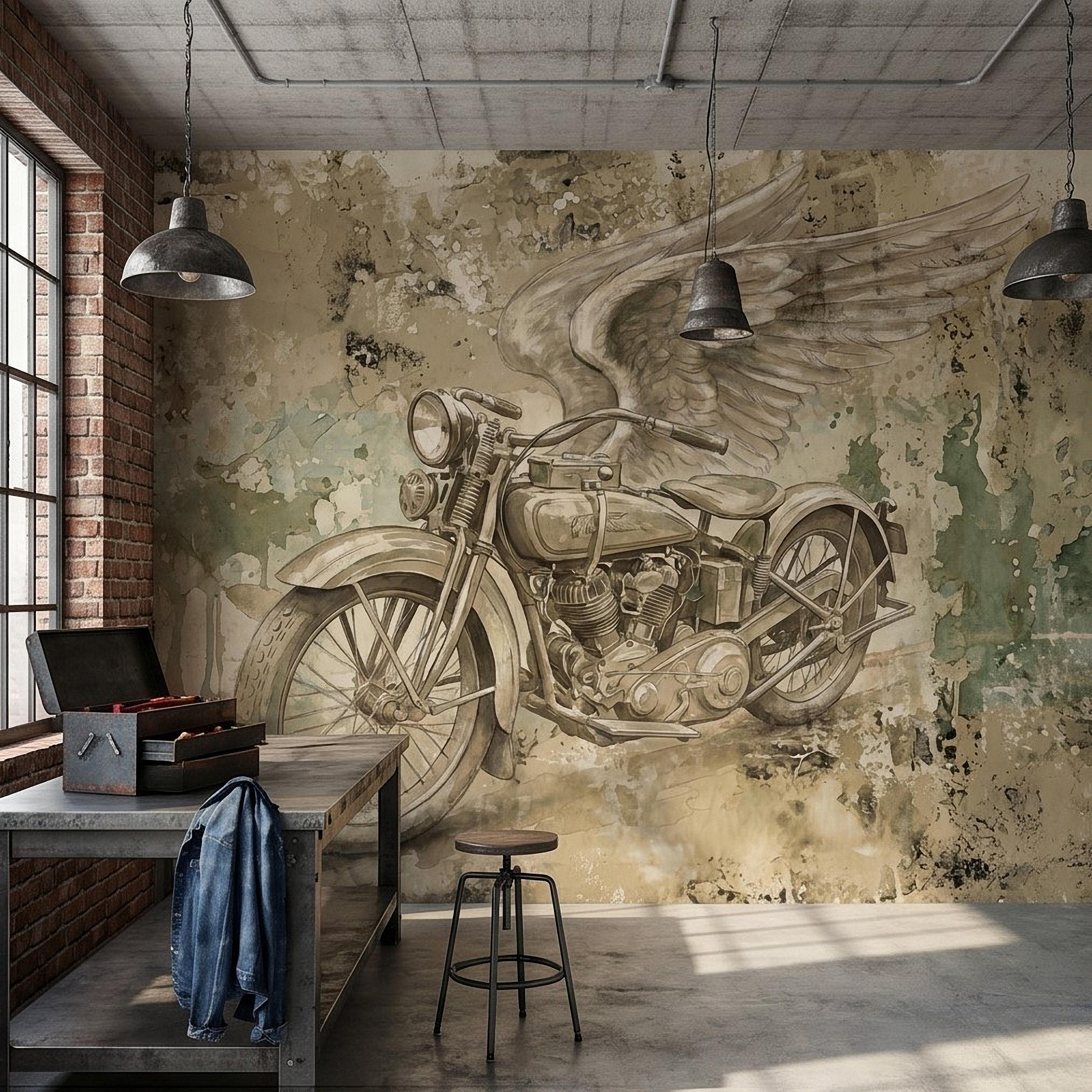 Vintage Motorcycle Peel and Stick Wall Mural, Retro Biker with Wings Rustic Industrial Garage Man Cave Wallpaper