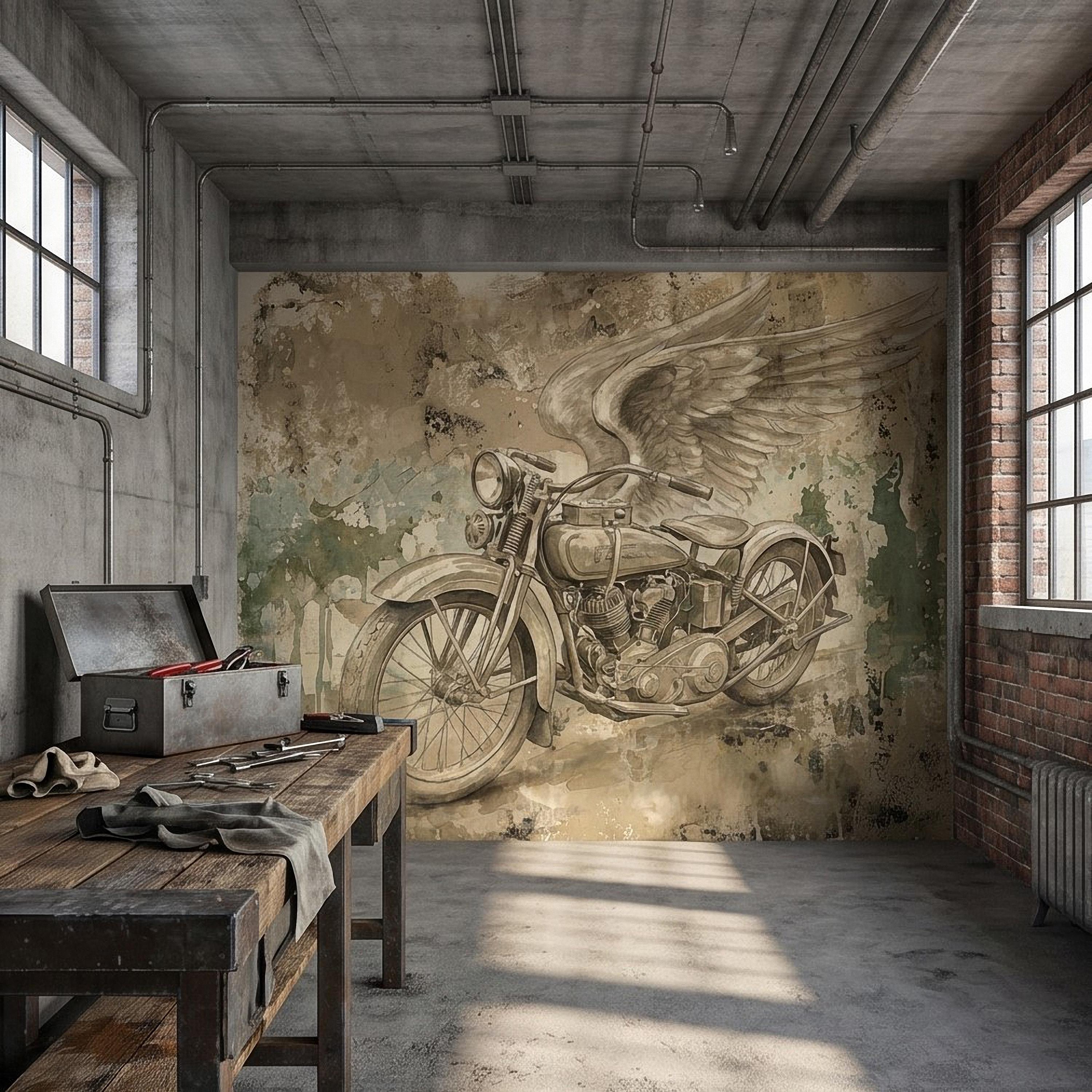 Vintage Motorcycle Peel and Stick Wall Mural, Retro Biker with Wings Rustic Industrial Garage Man Cave Wallpaper