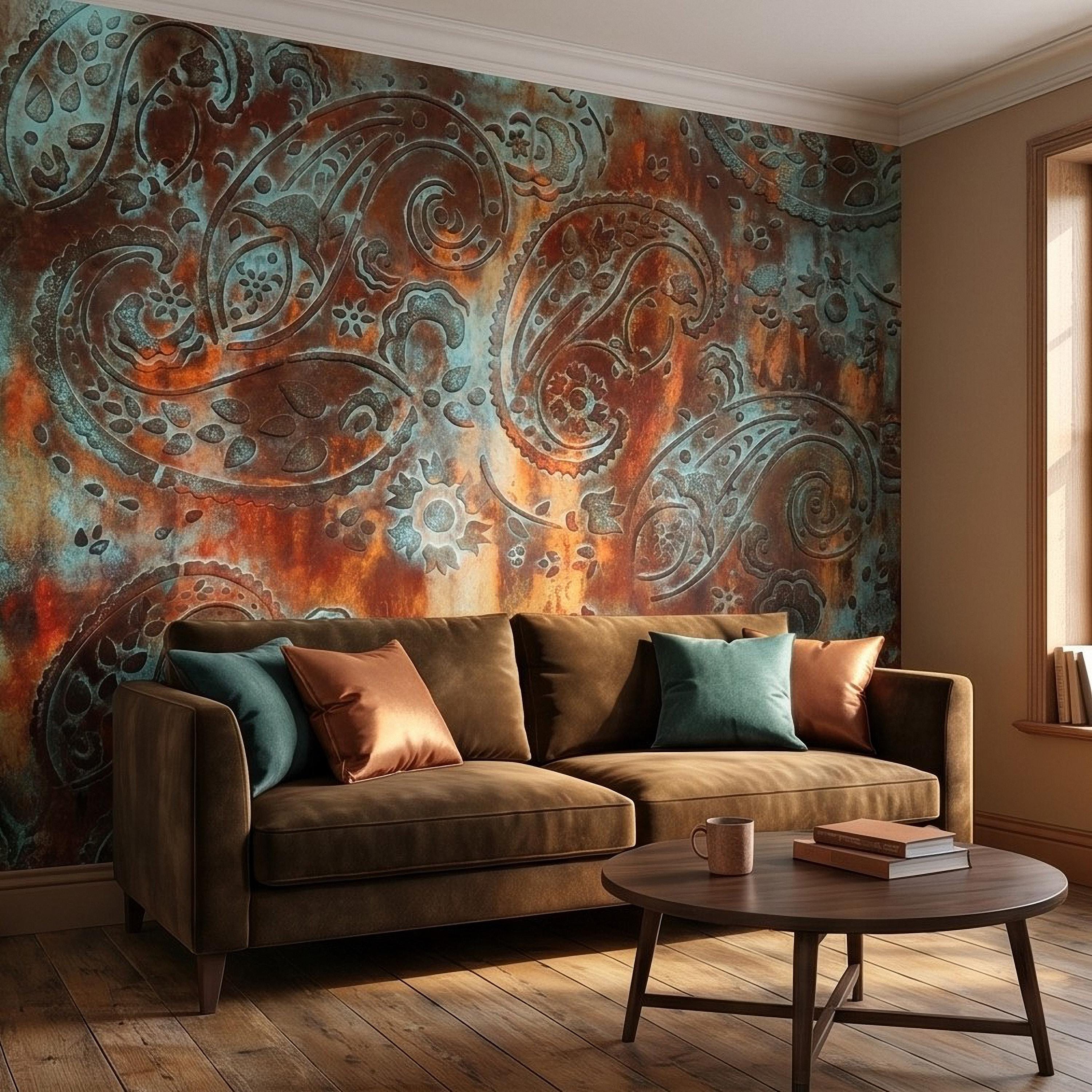 Rustic Paisley Peel and Stick Wall Mural, Turquoise Patina and Rusted Metal Texture, Vintage Industrial Boho Wallpaper