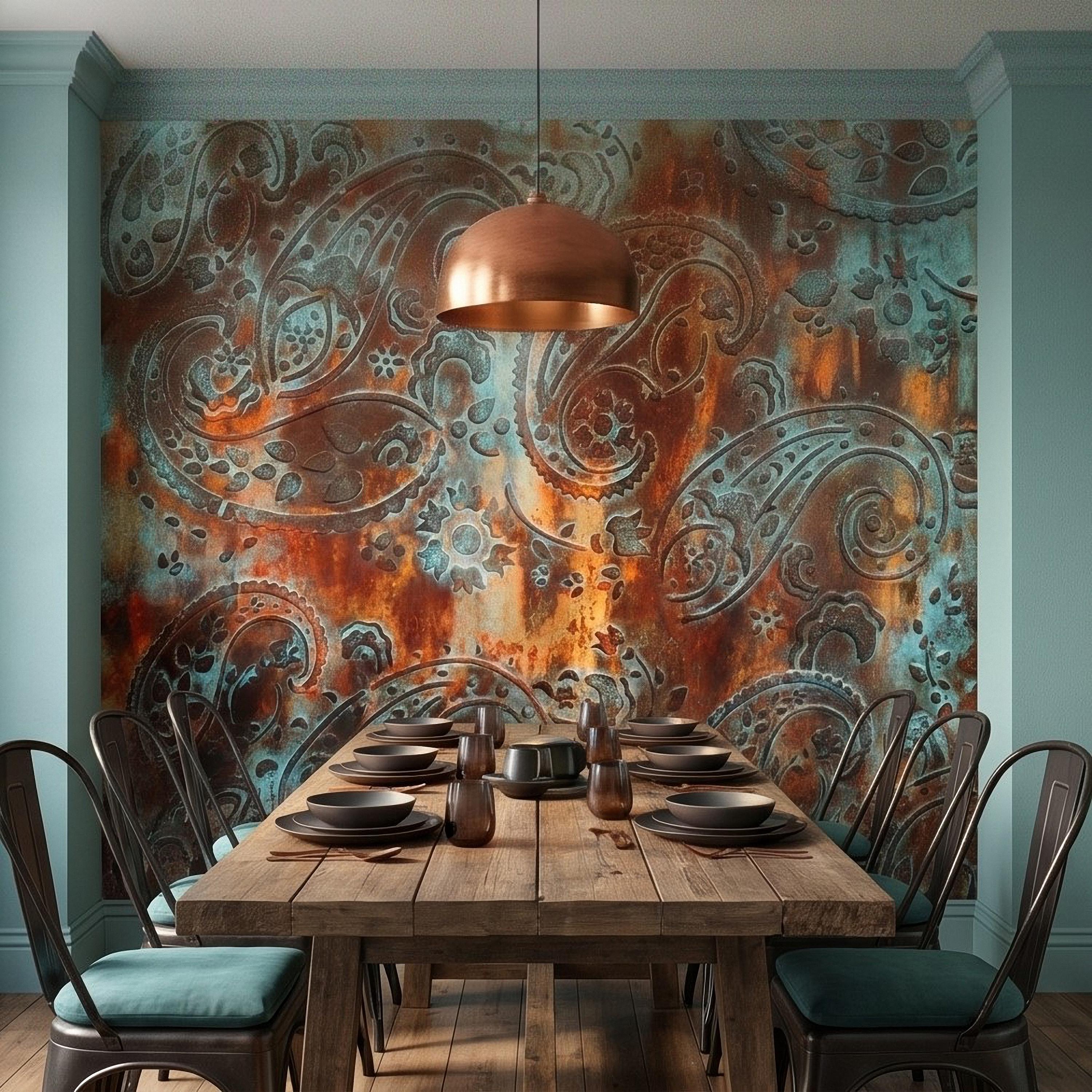 Rustic Paisley Peel and Stick Wall Mural, Turquoise Patina and Rusted Metal Texture, Vintage Industrial Boho Wallpaper