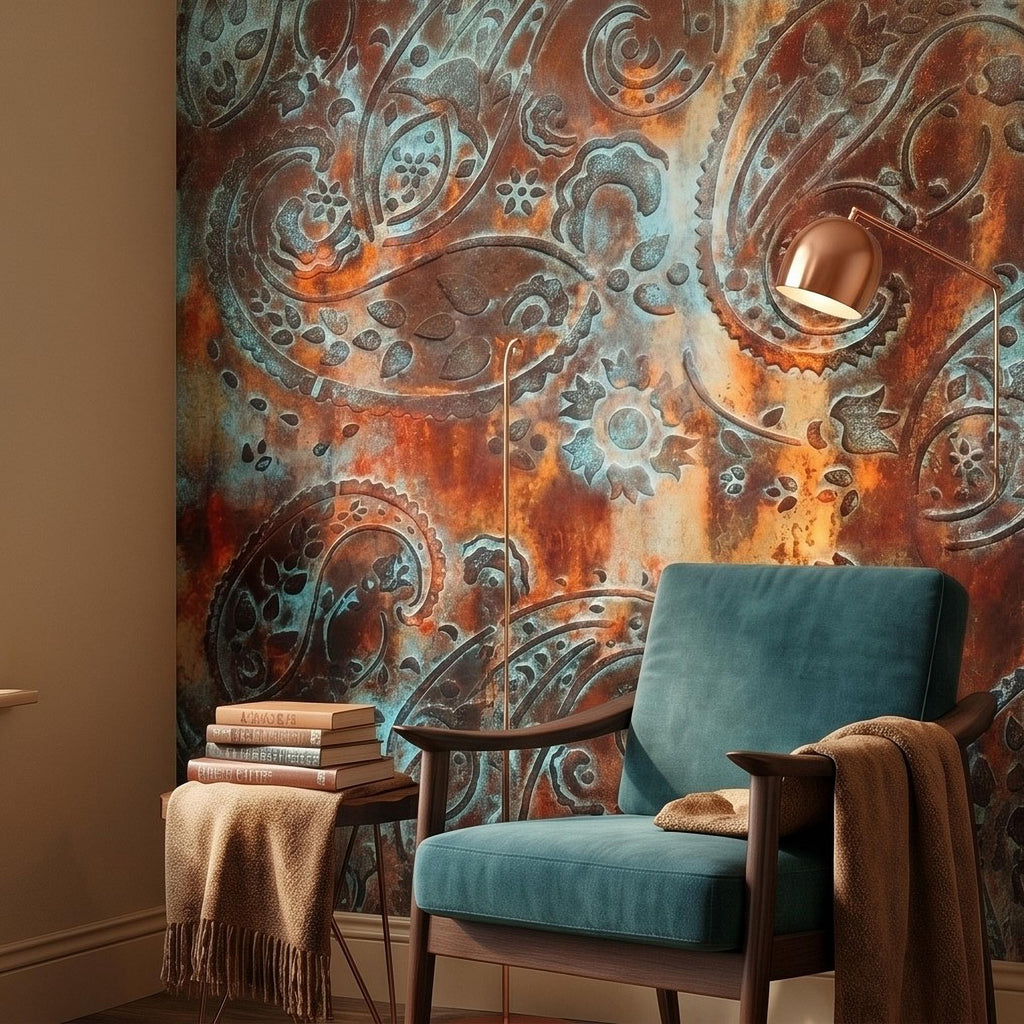 Rustic Paisley Peel and Stick Wall Mural, Turquoise Patina and Rusted Metal Texture, Vintage Industrial Boho Wallpaper