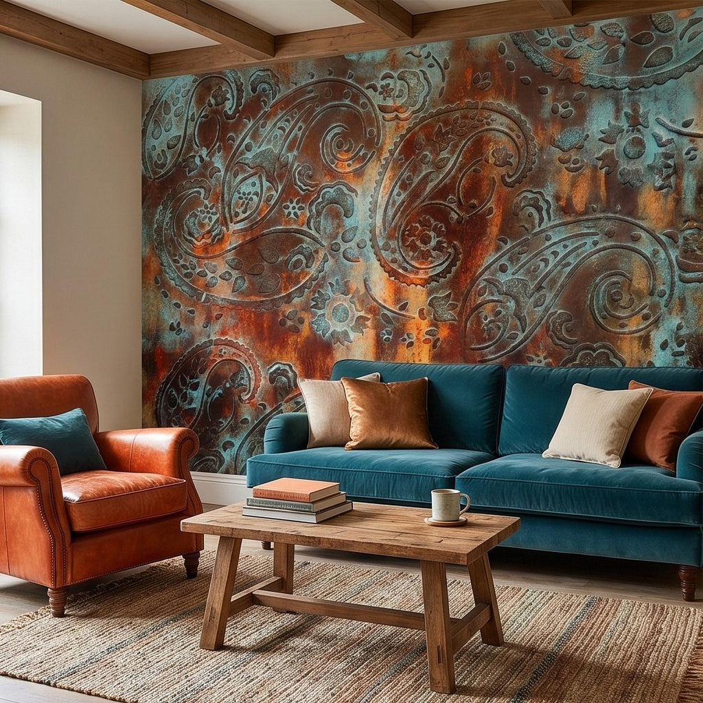 Rustic Paisley Peel and Stick Wall Mural, Turquoise Patina and Rusted Metal Texture, Vintage Industrial Boho Wallpaper