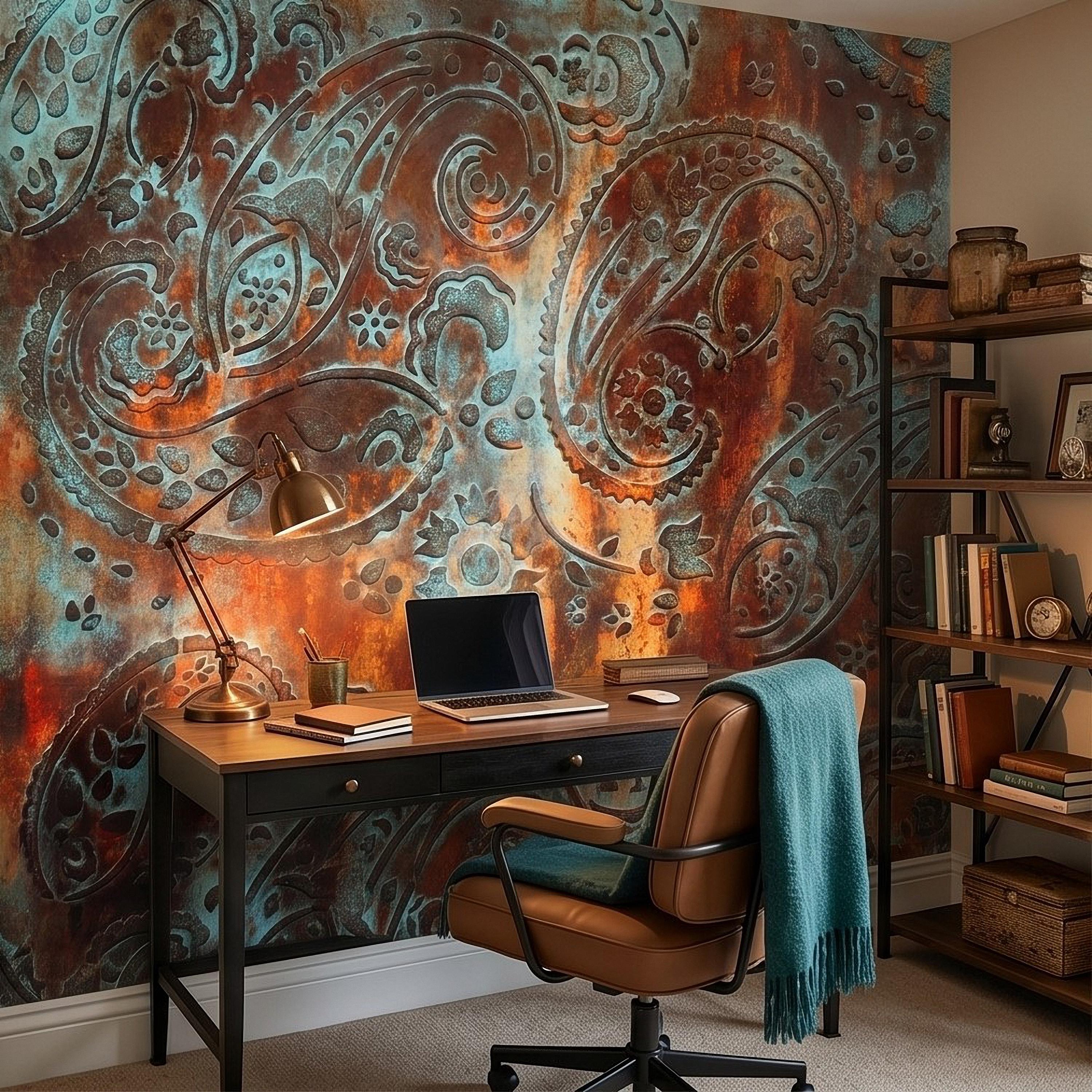Rustic Paisley Peel and Stick Wall Mural, Turquoise Patina and Rusted Metal Texture, Vintage Industrial Boho Wallpaper