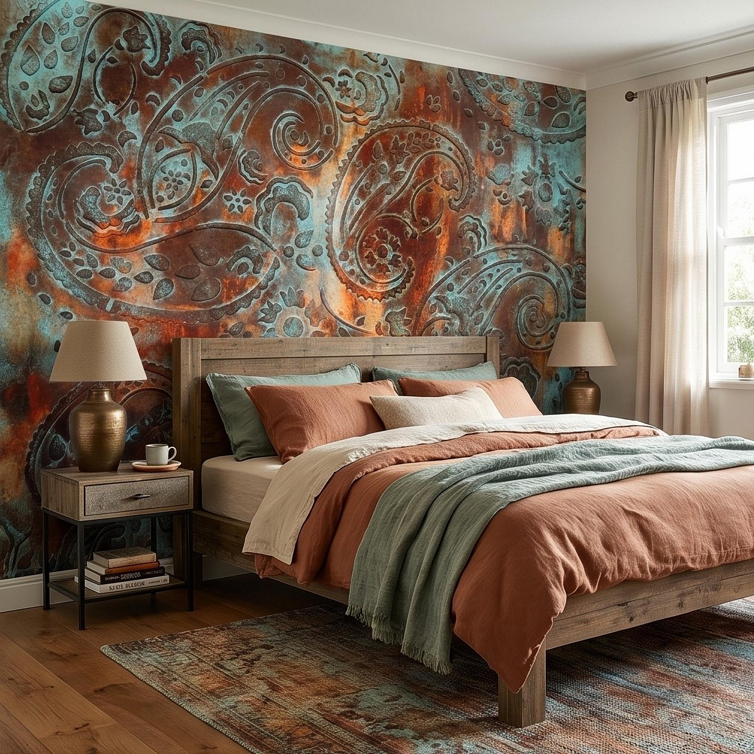 Rustic Paisley Peel and Stick Wall Mural, Turquoise Patina and Rusted Metal Texture, Vintage Industrial Boho Wallpaper
