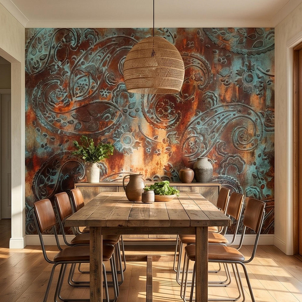 Rustic Paisley Peel and Stick Wall Mural, Turquoise Patina and Rusted Metal Texture, Vintage Industrial Boho Wallpaper