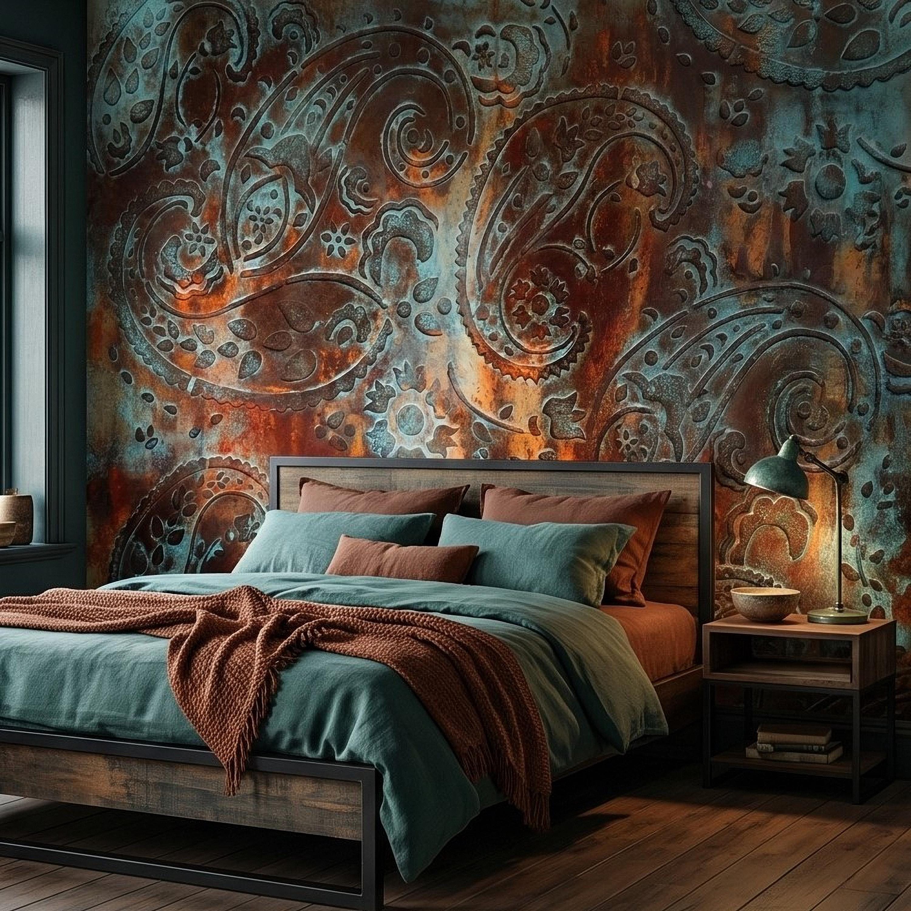 Rustic Paisley Peel and Stick Wall Mural, Turquoise Patina and Rusted Metal Texture, Vintage Industrial Boho Wallpaper