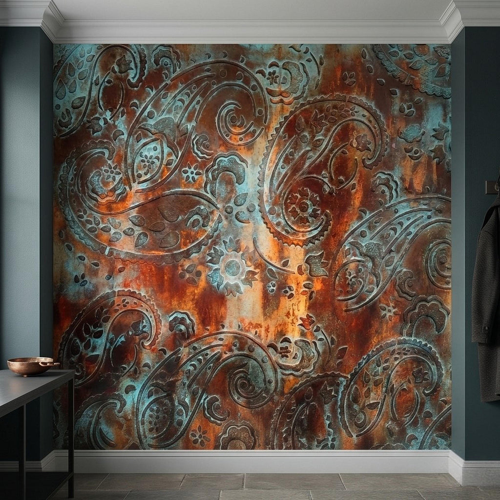 Rustic Paisley Peel and Stick Wall Mural, Turquoise Patina and Rusted Metal Texture, Vintage Industrial Boho Wallpaper