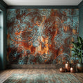 Rustic Paisley Peel and Stick Wall Mural, Turquoise Patina and Rusted Metal Texture, Vintage Industrial Boho Wallpaper