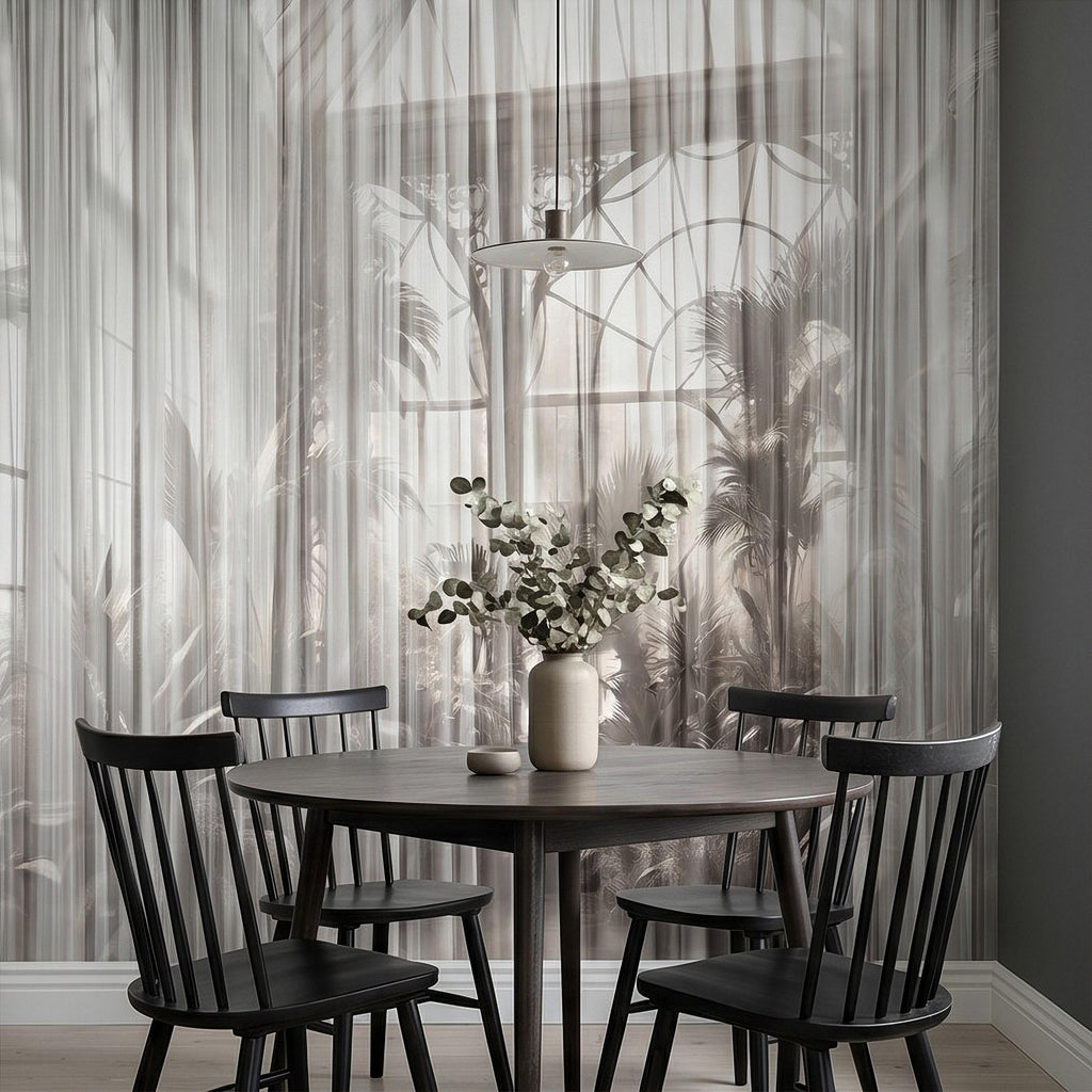 Sheer Curtain Peel and Stick Wall Mural, Neutral Palm Window View Illusion, Soft Light Airy Tropical Wallpaper