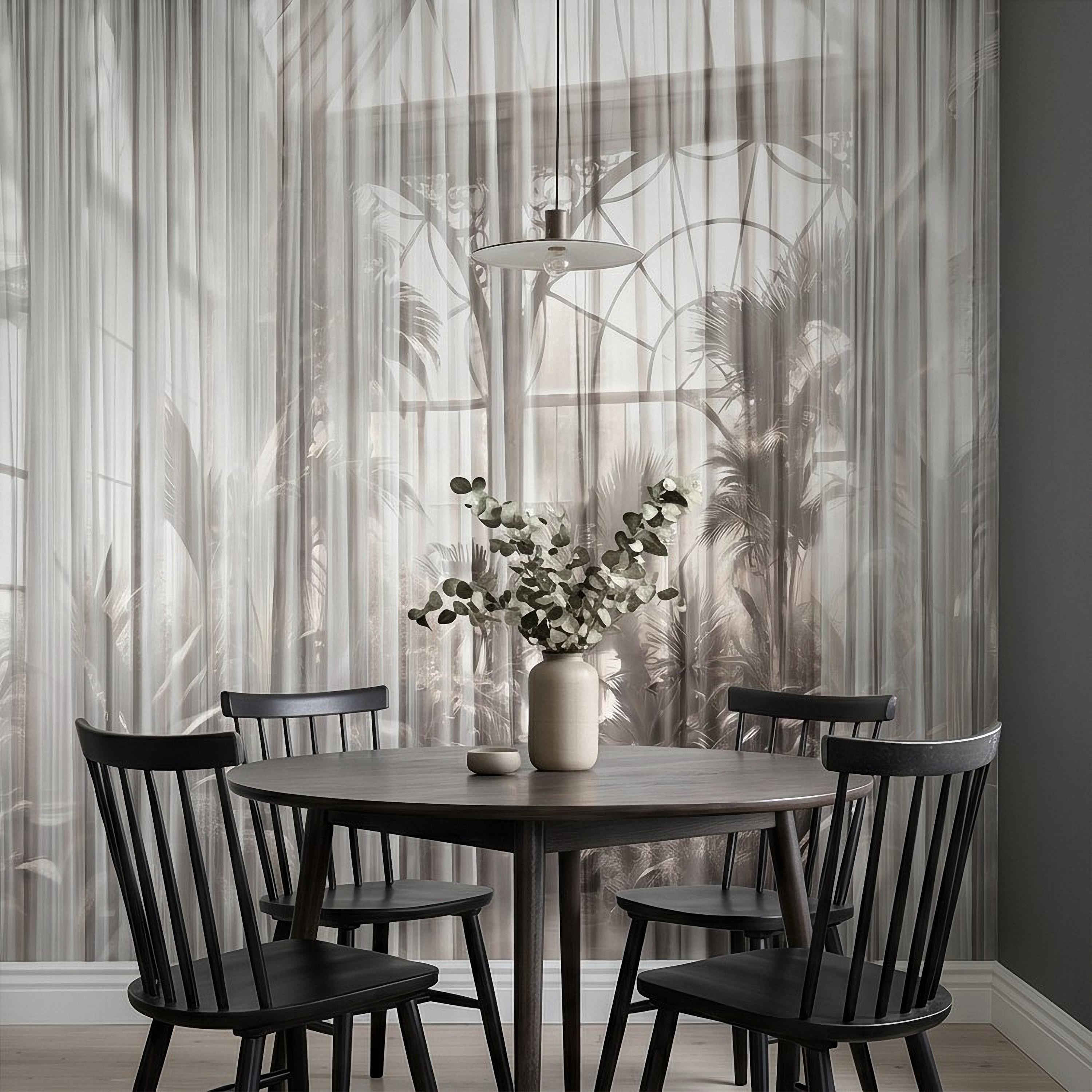 Sheer Curtain Peel and Stick Wall Mural, Neutral Palm Window View Illusion, Soft Light Airy Tropical Wallpaper