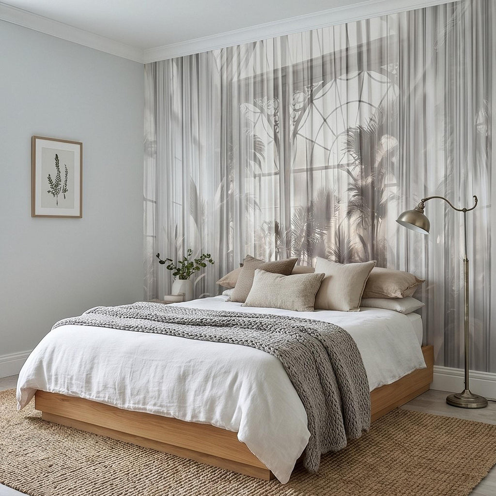 Sheer Curtain Peel and Stick Wall Mural, Neutral Palm Window View Illusion, Soft Light Airy Tropical Wallpaper