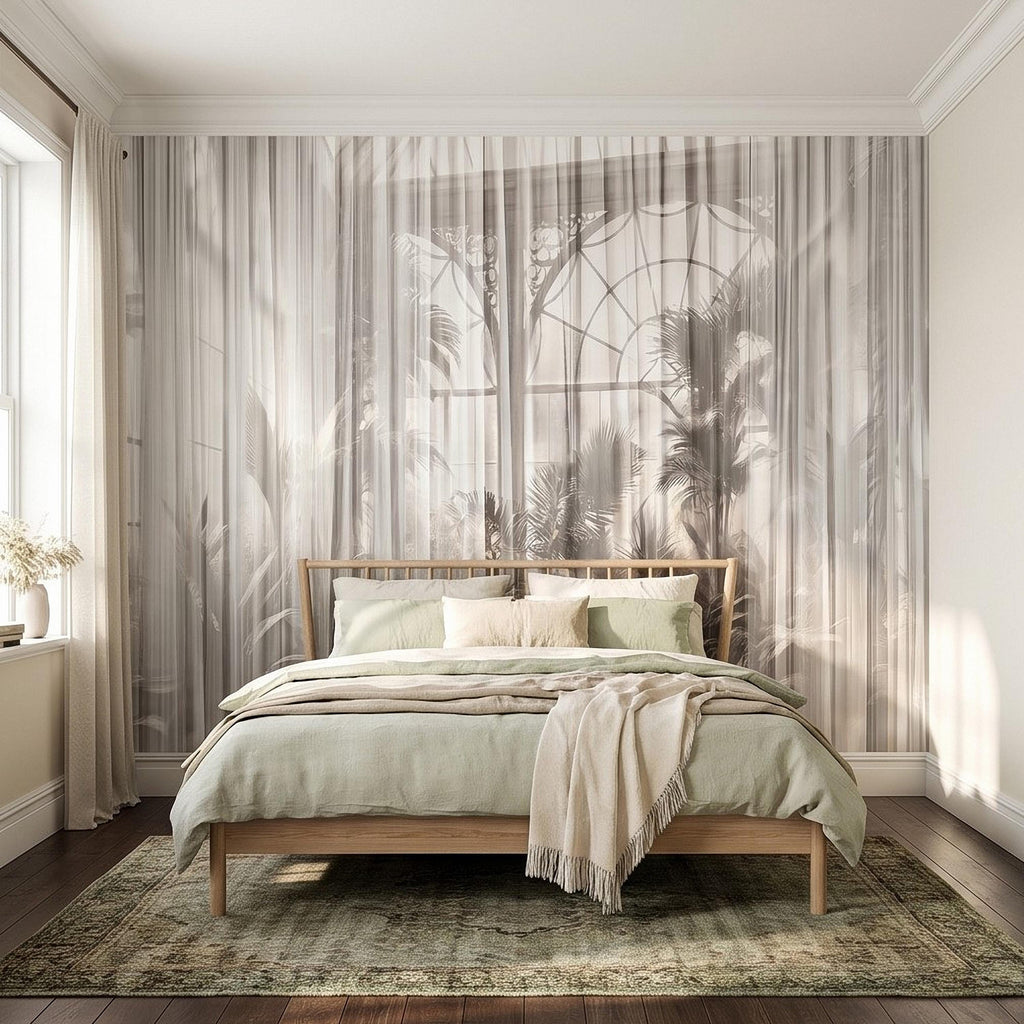 Sheer Curtain Peel and Stick Wall Mural, Neutral Palm Window View Illusion, Soft Light Airy Tropical Wallpaper