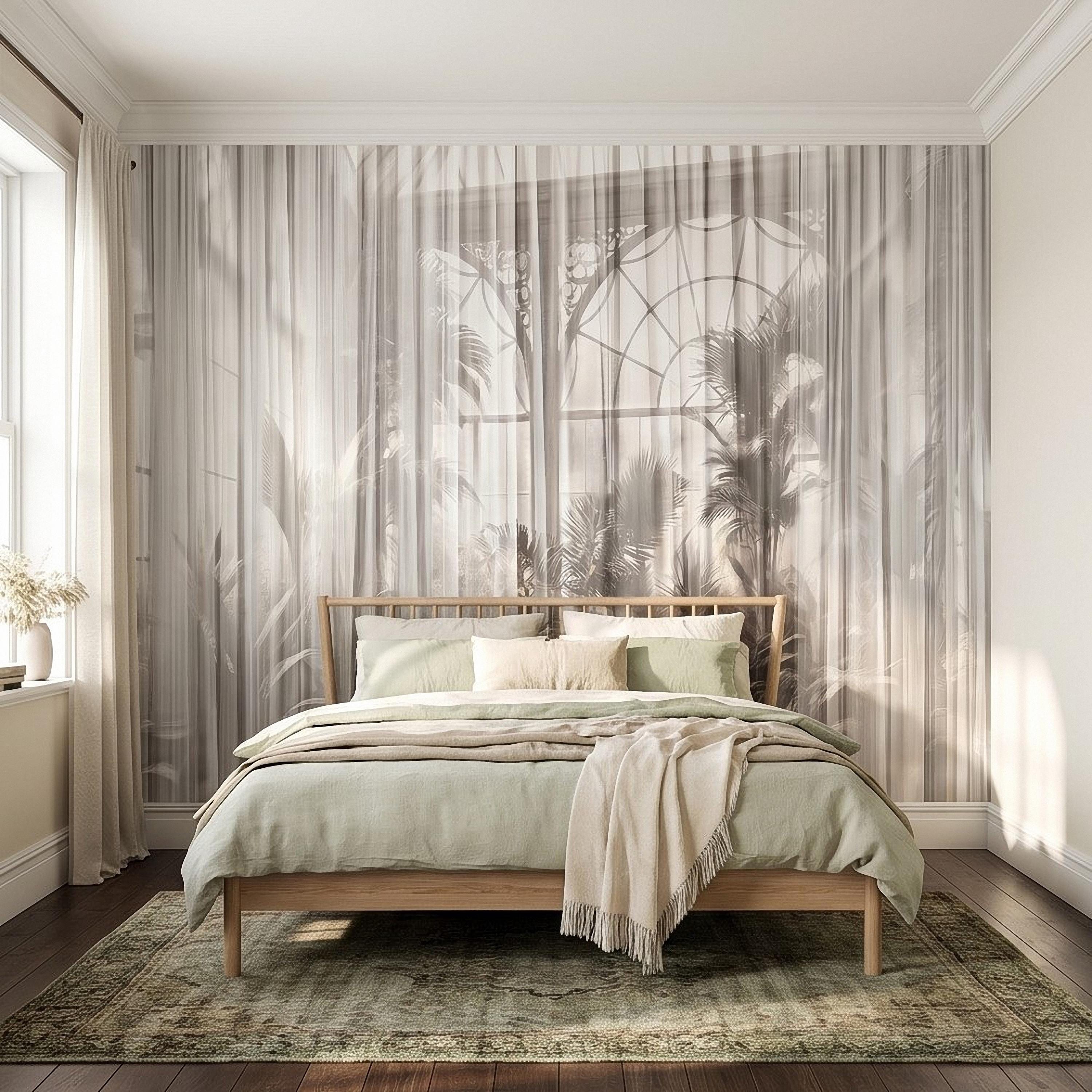 Sheer Curtain Peel and Stick Wall Mural, Neutral Palm Window View Illusion, Soft Light Airy Tropical Wallpaper