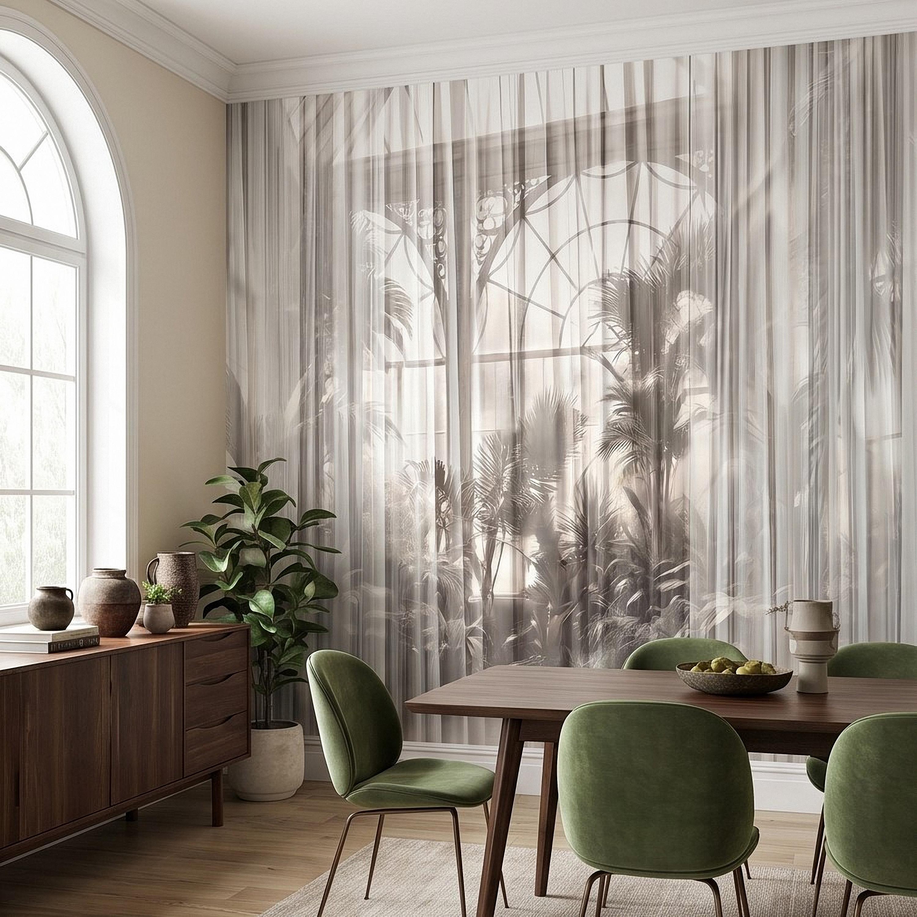 Sheer Curtain Peel and Stick Wall Mural, Neutral Palm Window View Illusion, Soft Light Airy Tropical Wallpaper
