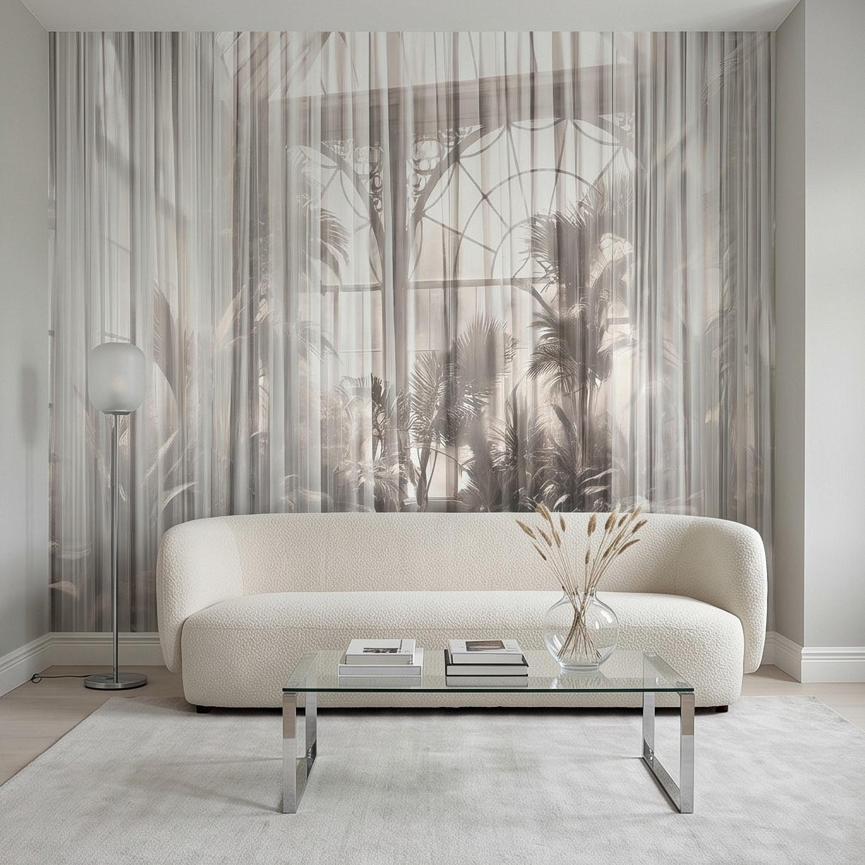 Sheer Curtain Peel and Stick Wall Mural, Neutral Palm Window View Illusion, Soft Light Airy Tropical Wallpaper