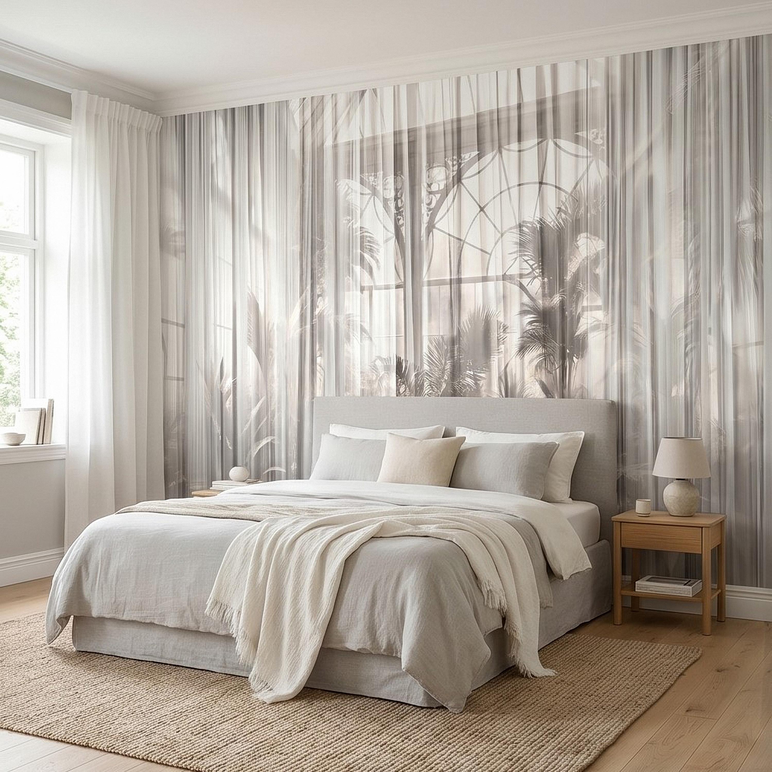Sheer Curtain Peel and Stick Wall Mural, Neutral Palm Window View Illusion, Soft Light Airy Tropical Wallpaper