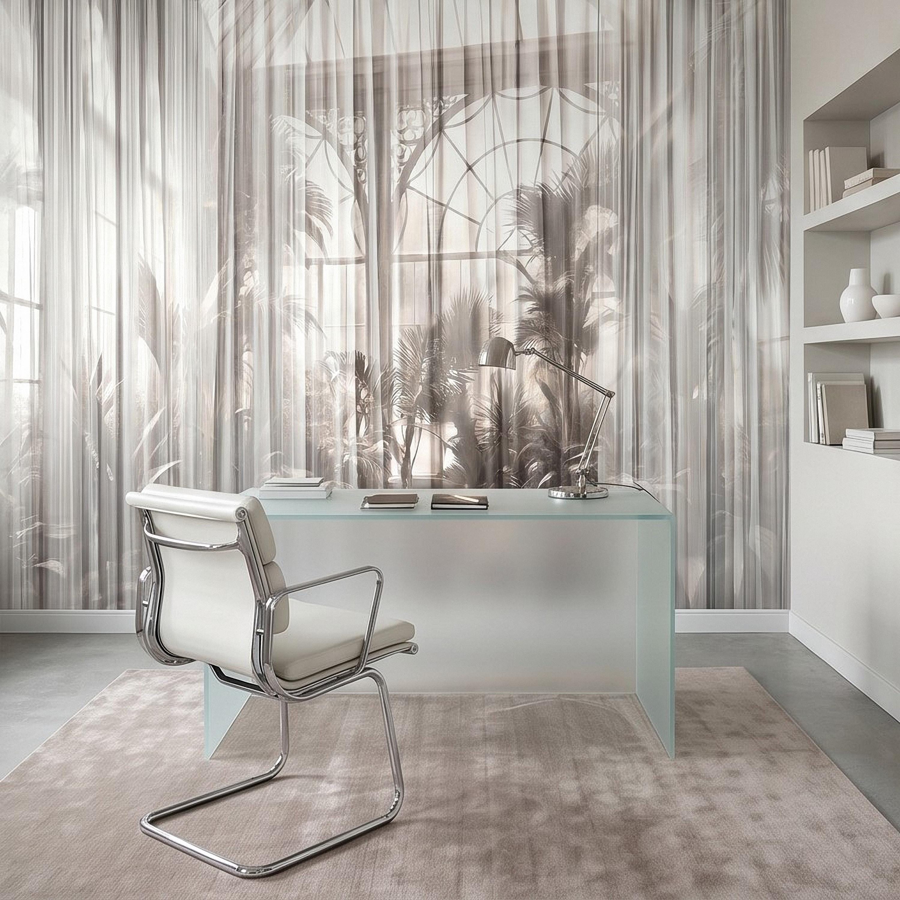 Sheer Curtain Peel and Stick Wall Mural, Neutral Palm Window View Illusion, Soft Light Airy Tropical Wallpaper
