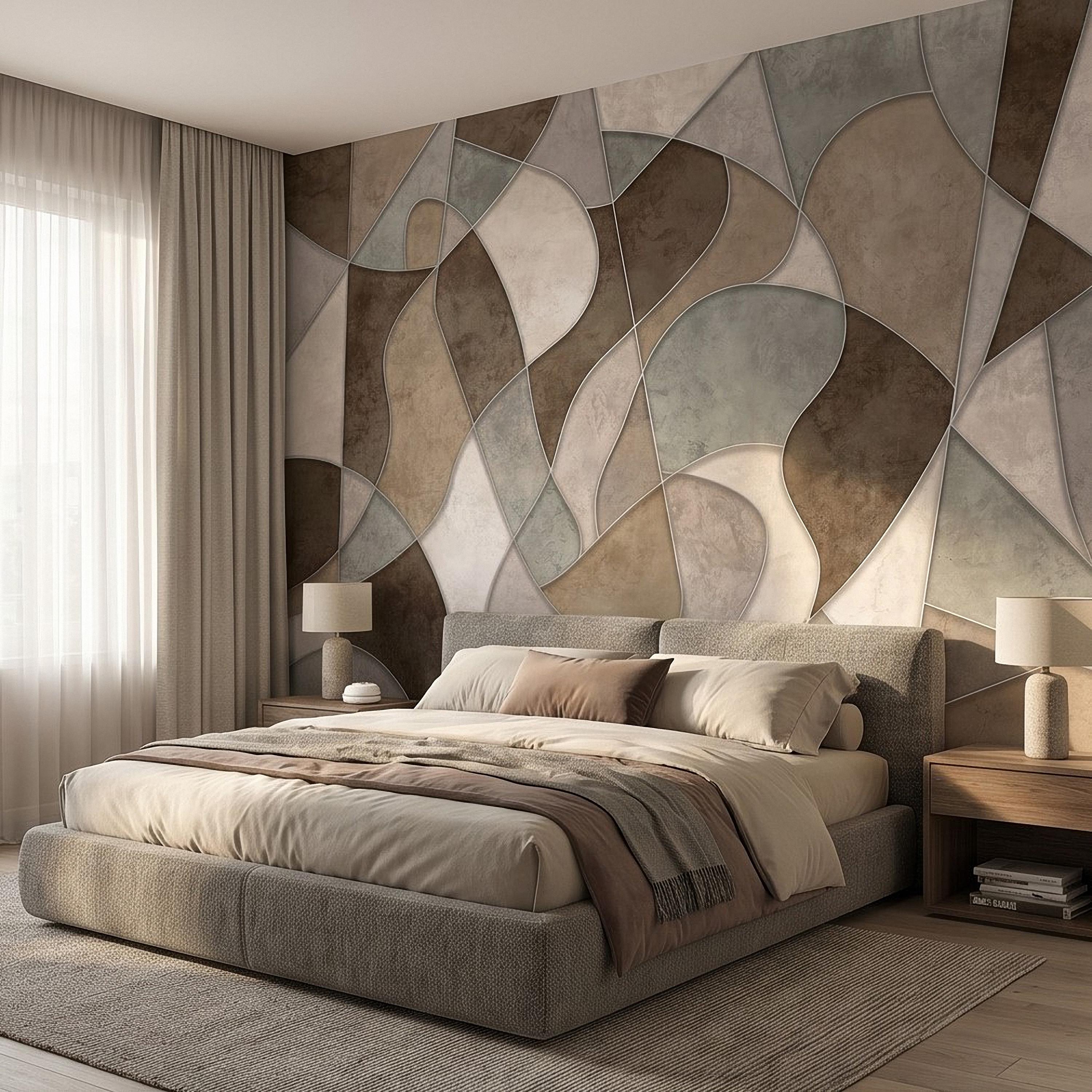 Abstract Geometric Peel and Stick Wall Mural, Neutral Plaster Texture, Modern Organic 3D Panel Illusion Wallpaper