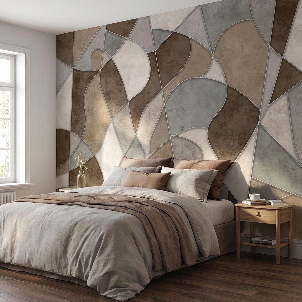 Abstract Geometric Peel and Stick Wall Mural, Neutral Plaster Texture, Modern Organic 3D Panel Illusion Wallpaper