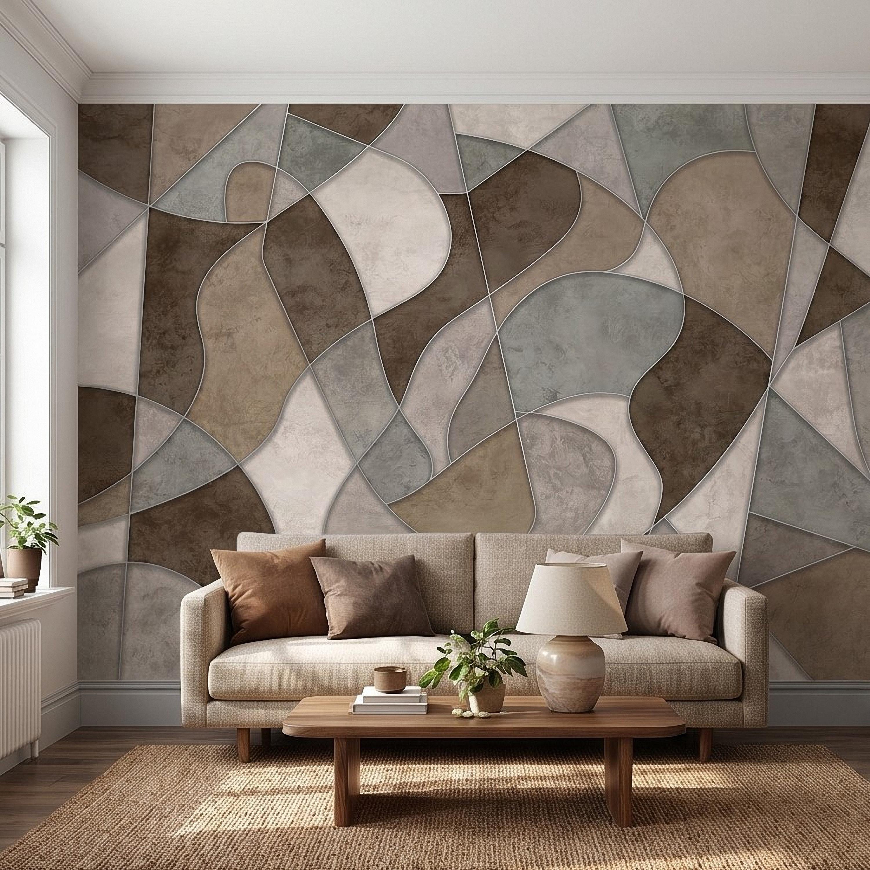 Abstract Geometric Peel and Stick Wall Mural, Neutral Plaster Texture, Modern Organic 3D Panel Illusion Wallpaper