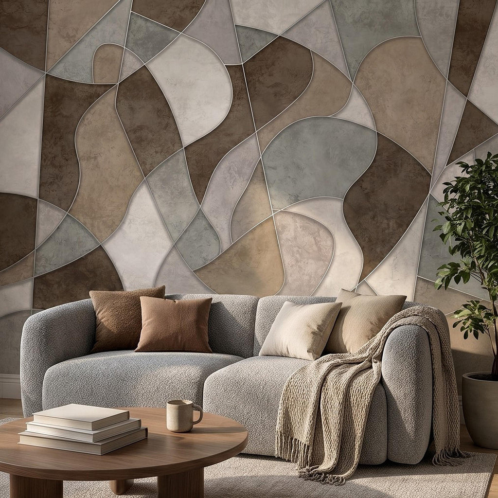 Abstract Geometric Peel and Stick Wall Mural, Neutral Plaster Texture, Modern Organic 3D Panel Illusion Wallpaper