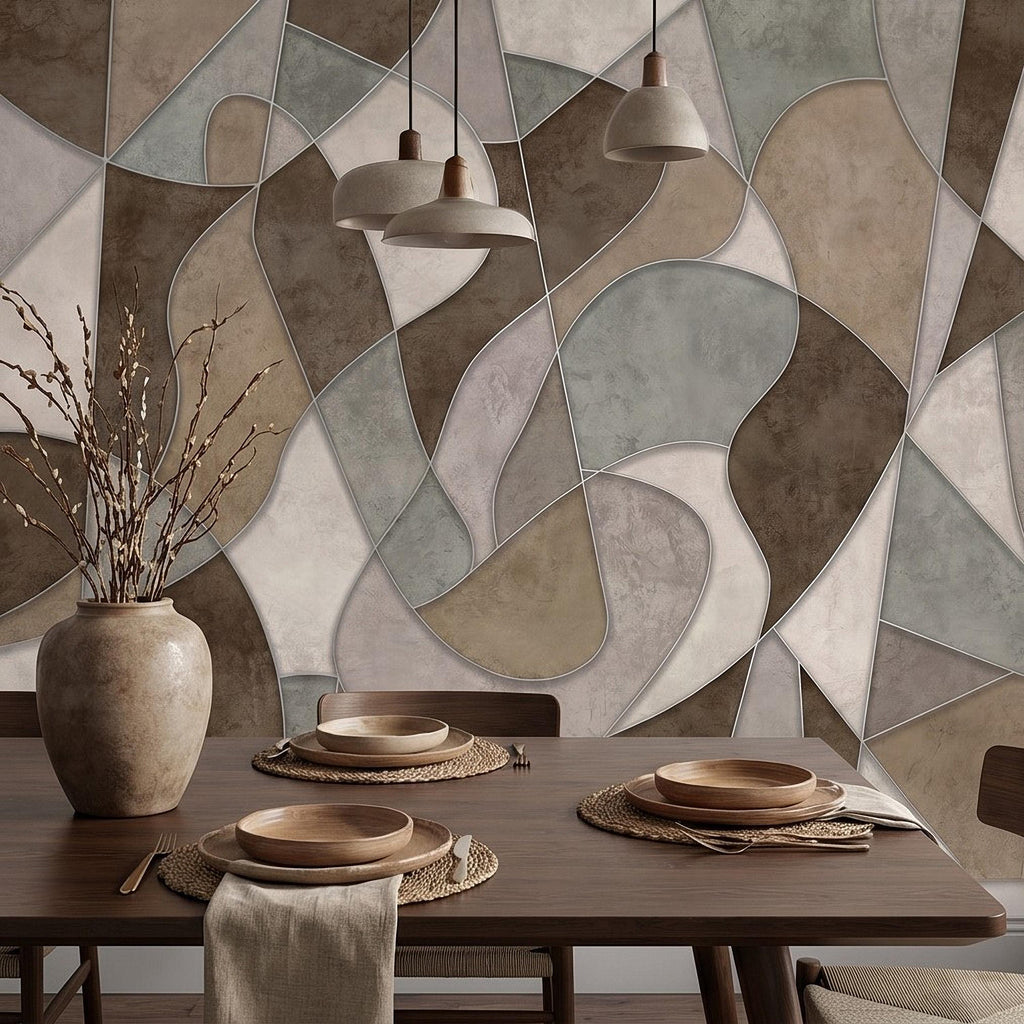 Abstract Geometric Peel and Stick Wall Mural, Neutral Plaster Texture, Modern Organic 3D Panel Illusion Wallpaper