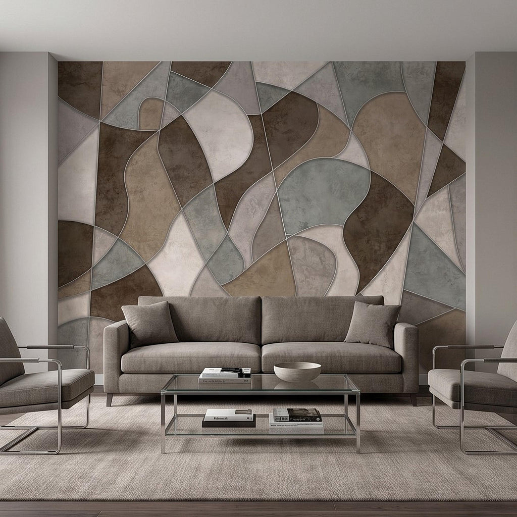 Abstract Geometric Peel and Stick Wall Mural, Neutral Plaster Texture, Modern Organic 3D Panel Illusion Wallpaper