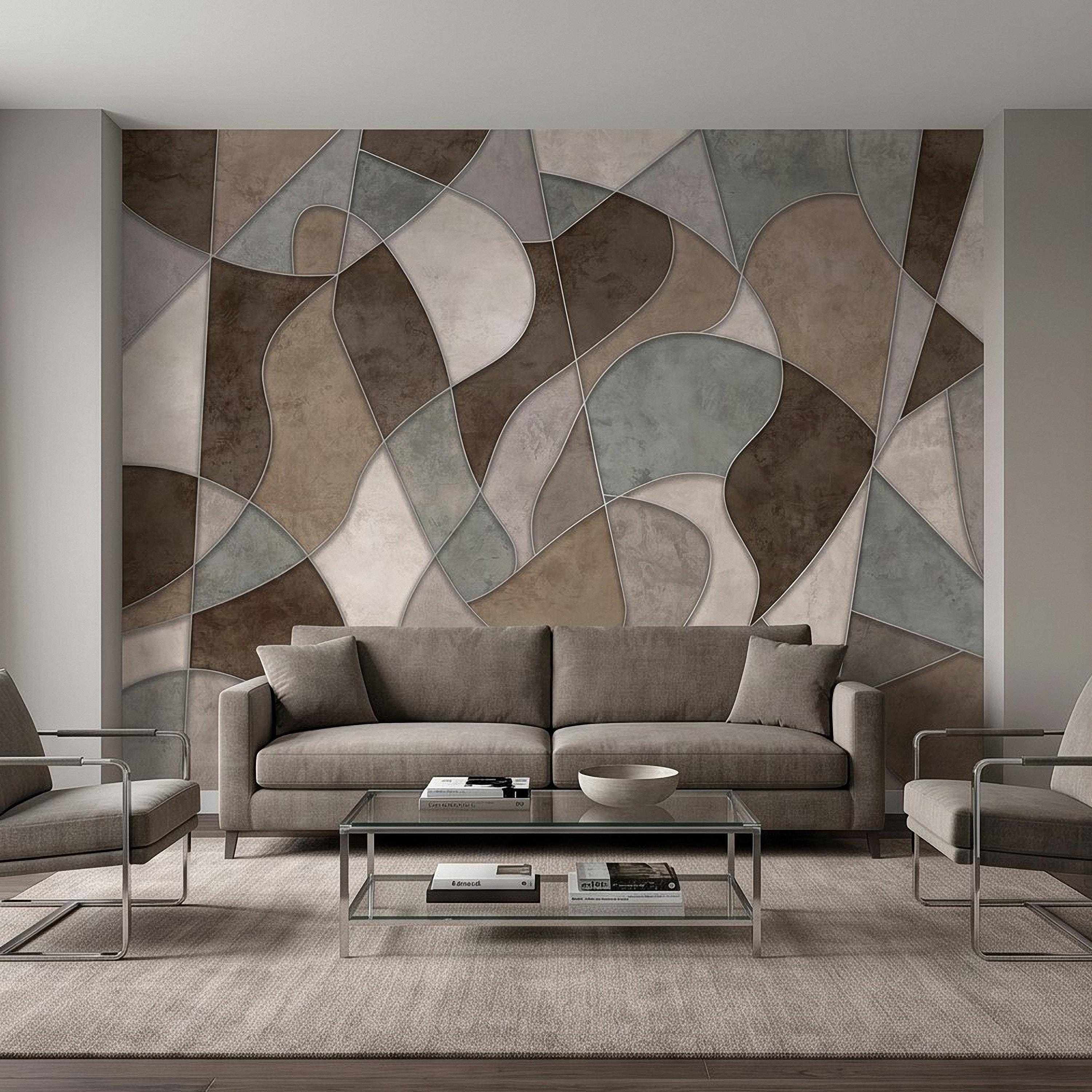 Abstract Geometric Peel and Stick Wall Mural, Neutral Plaster Texture, Modern Organic 3D Panel Illusion Wallpaper