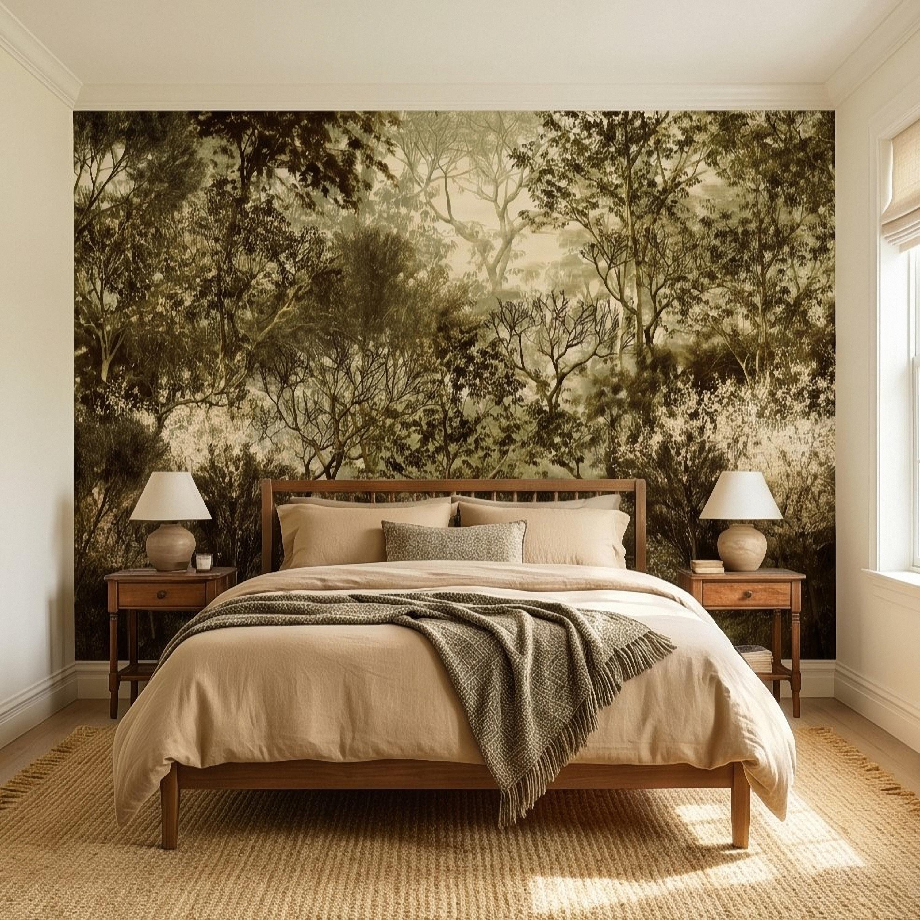 Vintage Forest Peel and Stick Wall Mural, Moody Woodland Trees Botanical Nature in Neutral Green Tones Wallpaper