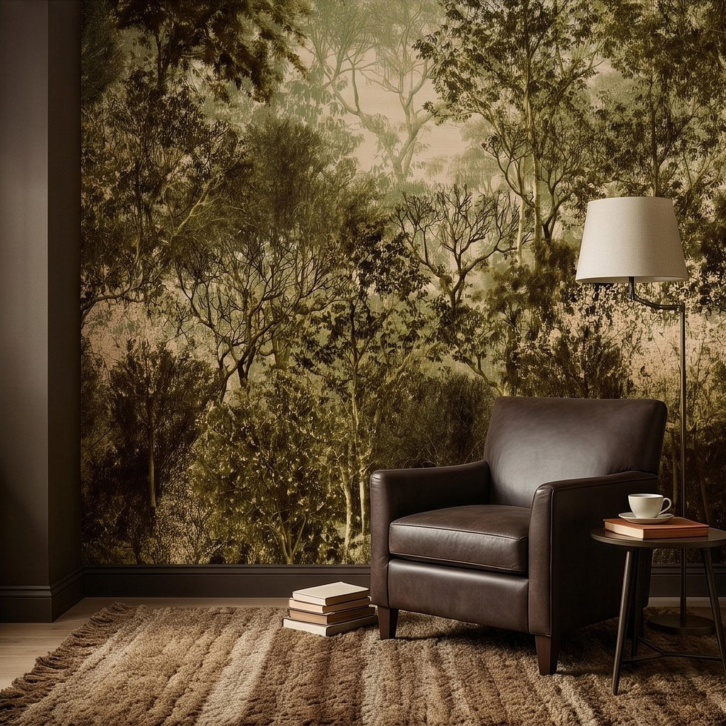 Vintage Forest Peel and Stick Wall Mural, Moody Woodland Trees Botanical Nature in Neutral Green Tones Wallpaper