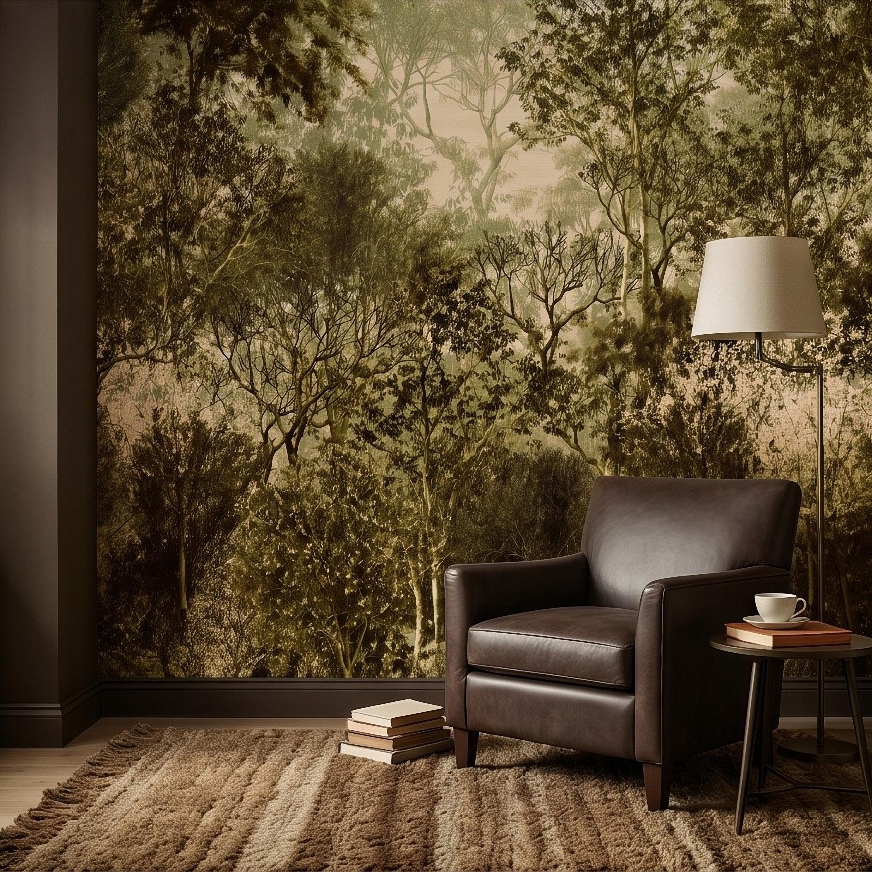Vintage Forest Peel and Stick Wall Mural, Moody Woodland Trees Botanical Nature in Neutral Green Tones Wallpaper