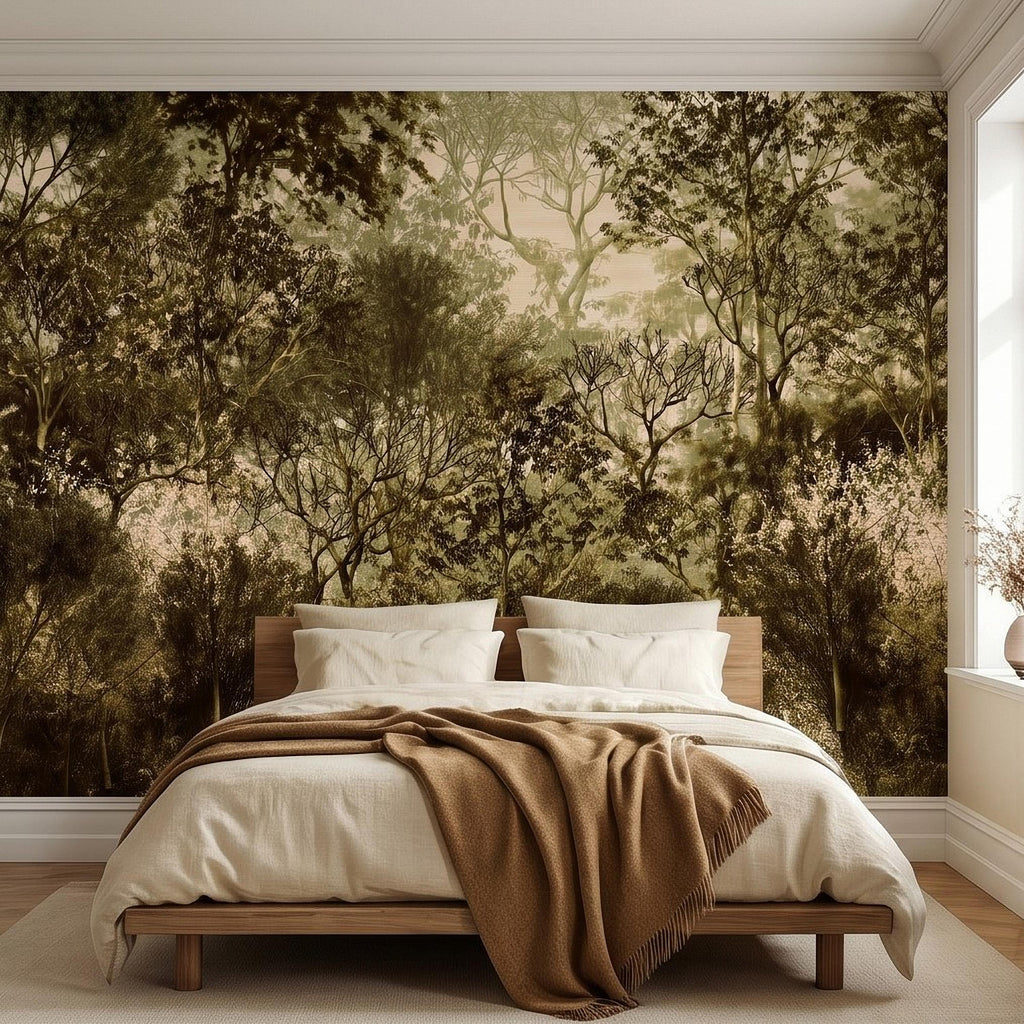 Vintage Forest Peel and Stick Wall Mural, Moody Woodland Trees Botanical Nature in Neutral Green Tones Wallpaper