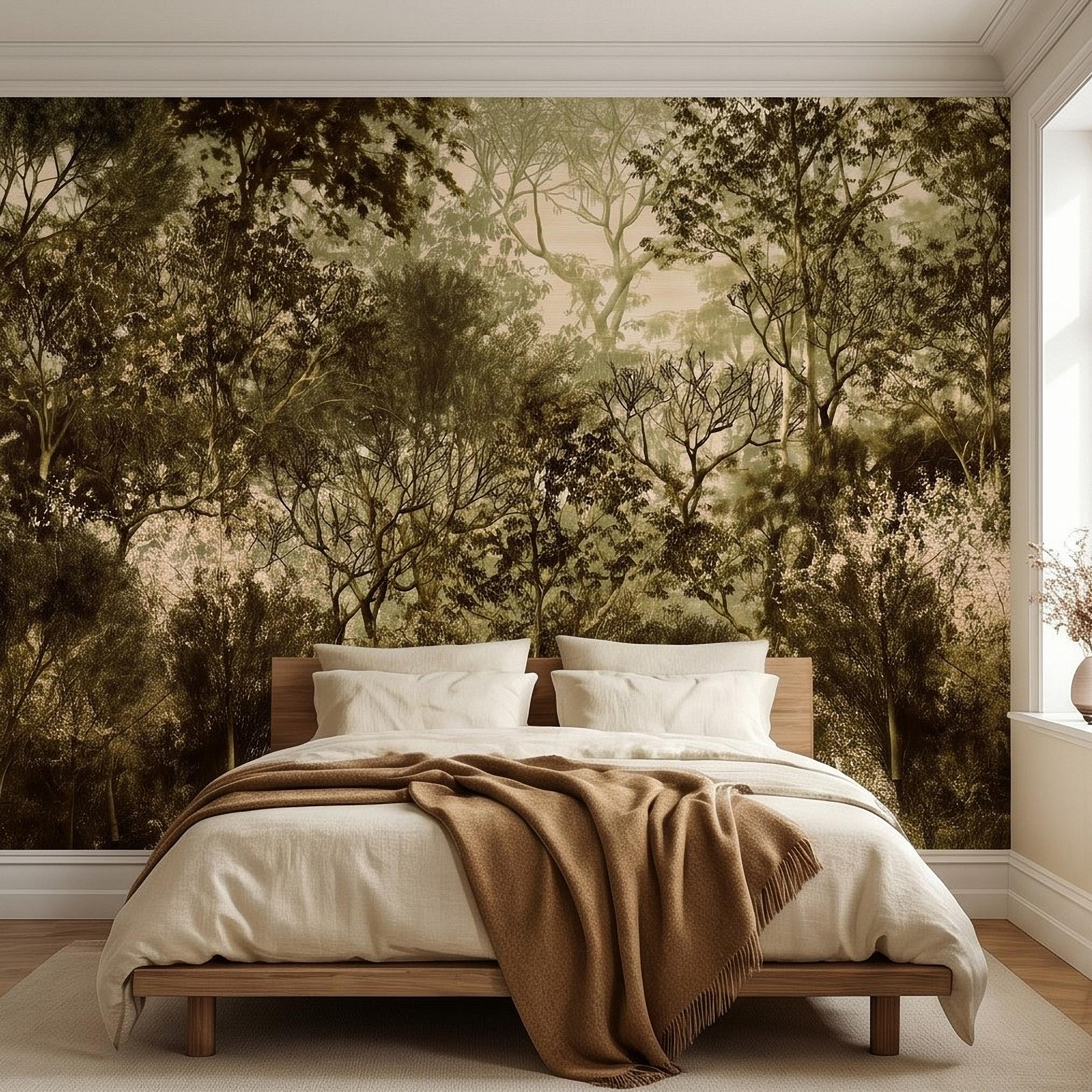 Vintage Forest Peel and Stick Wall Mural, Moody Woodland Trees Botanical Nature in Neutral Green Tones Wallpaper