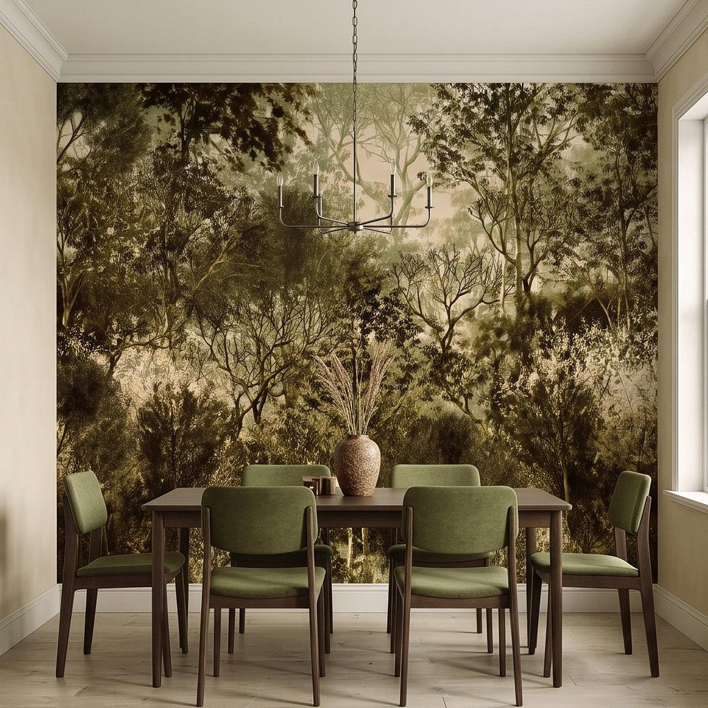 Vintage Forest Peel and Stick Wall Mural, Moody Woodland Trees Botanical Nature in Neutral Green Tones Wallpaper