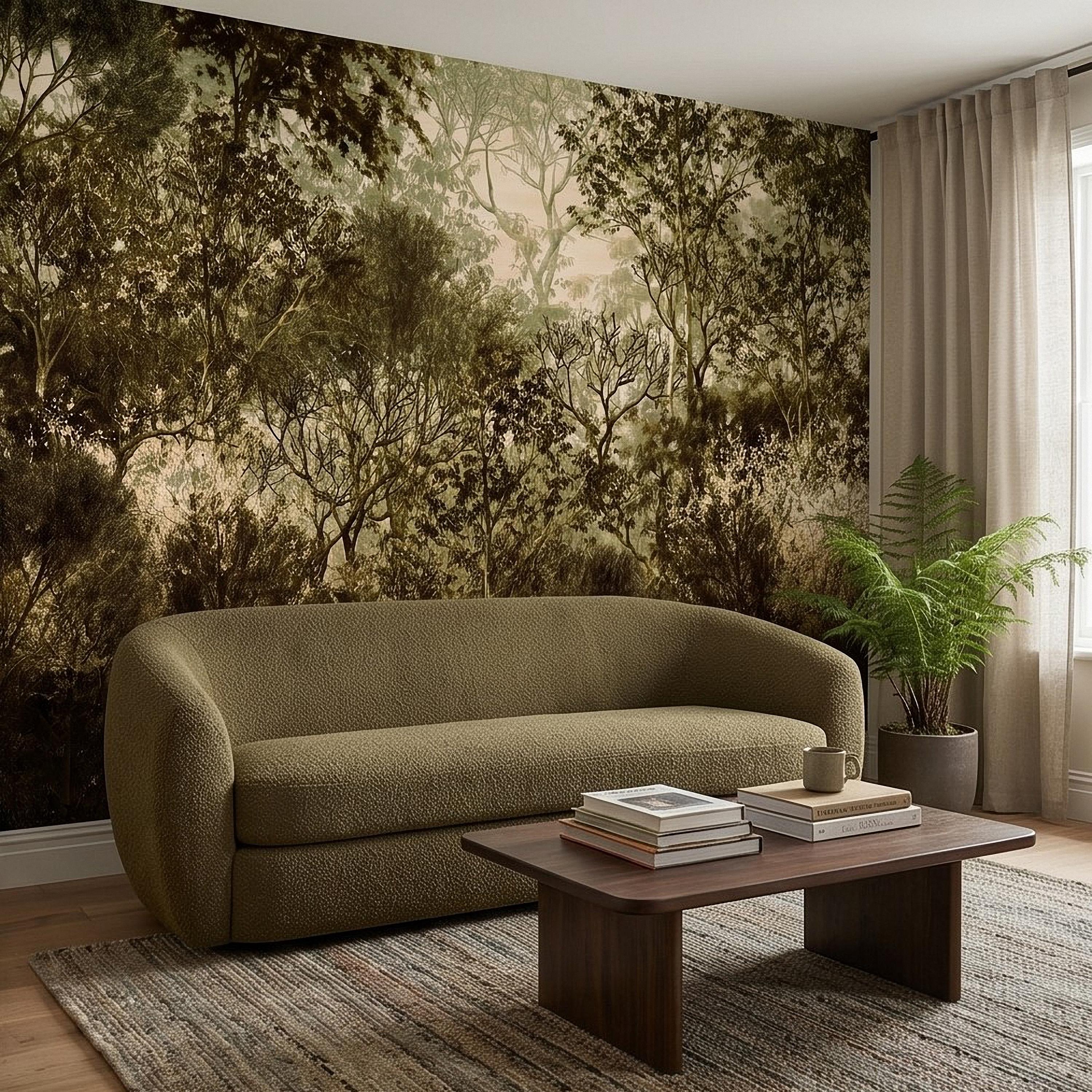 Vintage Forest Peel and Stick Wall Mural, Moody Woodland Trees Botanical Nature in Neutral Green Tones Wallpaper