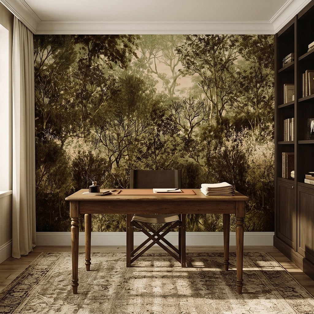Vintage Forest Peel and Stick Wall Mural, Moody Woodland Trees Botanical Nature in Neutral Green Tones Wallpaper