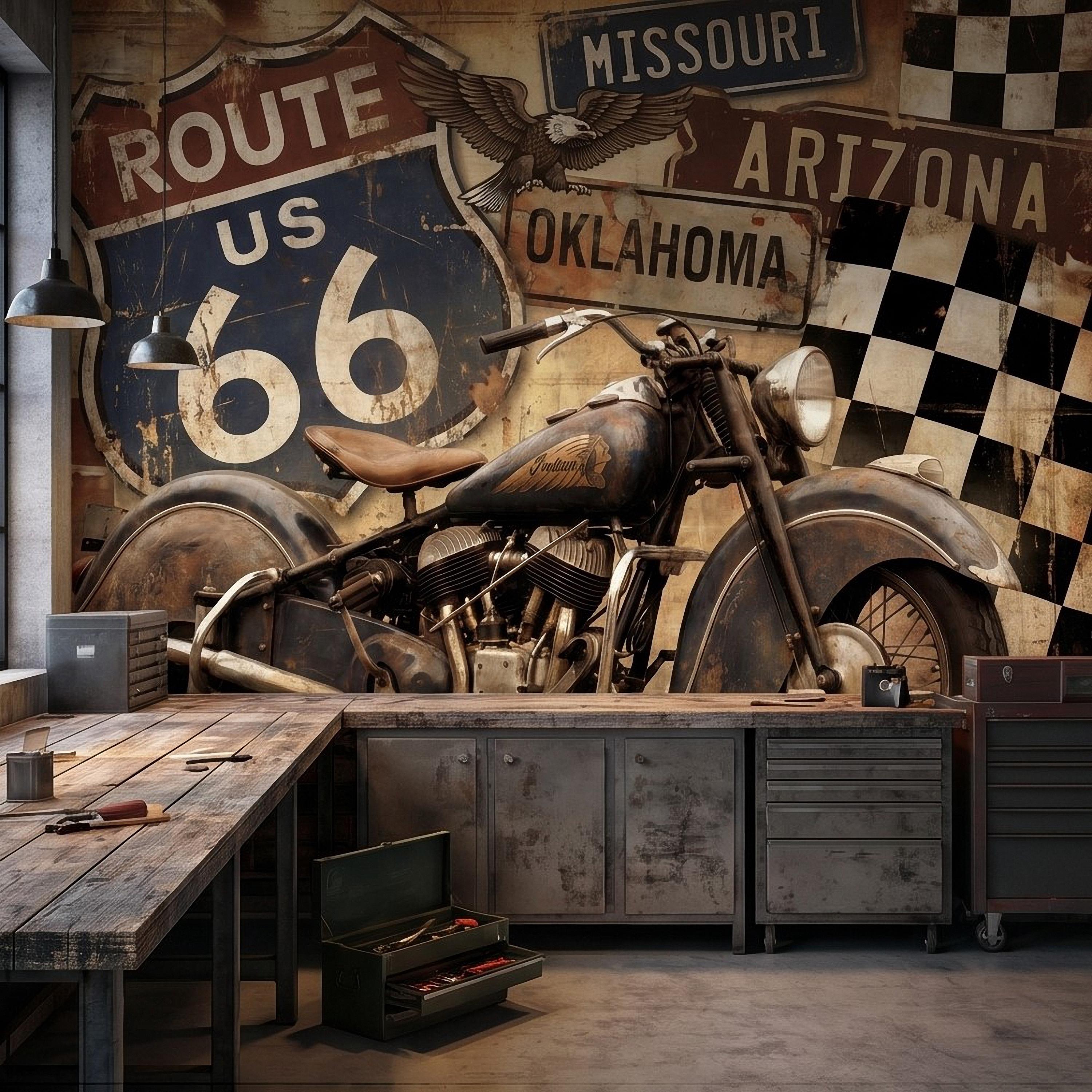 Vintage Route 66 Peel and Stick Wall Mural, Classic American Motorcycle Garage Man Cave Industrial Loft Wallpaper