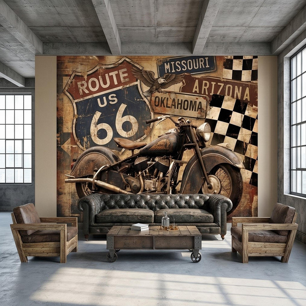 Vintage Route 66 Peel and Stick Wall Mural, Classic American Motorcycle Garage Man Cave Industrial Loft Wallpaper