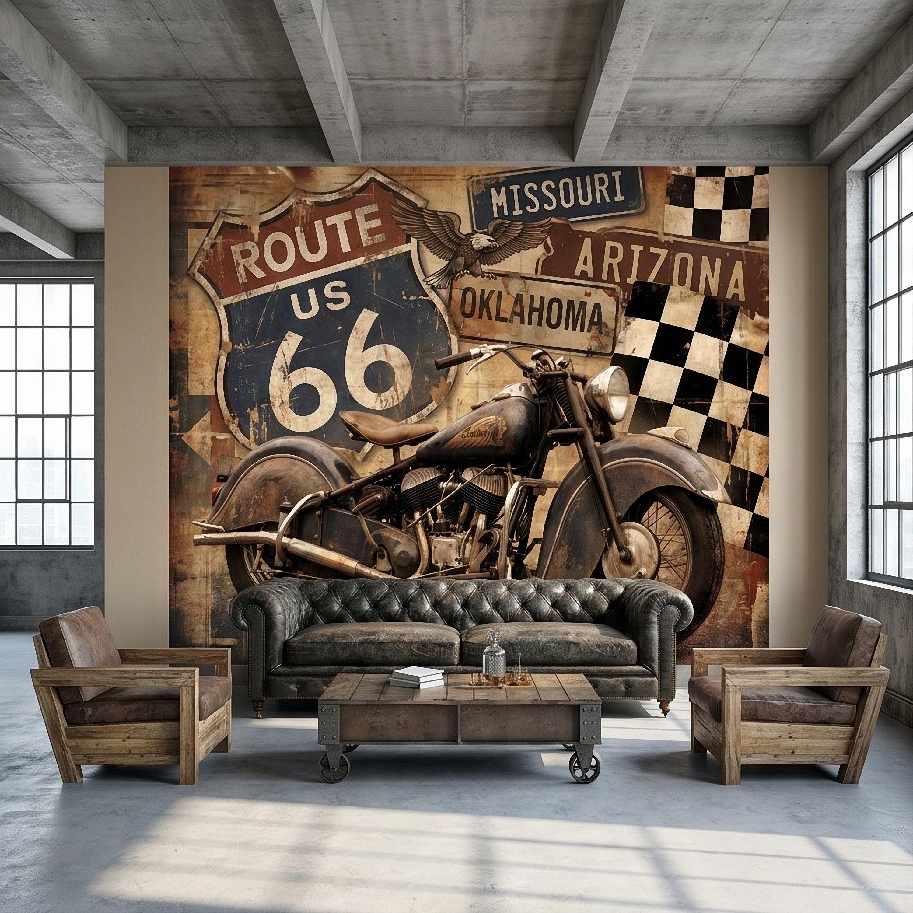 Vintage Route 66 Peel and Stick Wall Mural, Classic American Motorcycle Garage Man Cave Industrial Loft Wallpaper