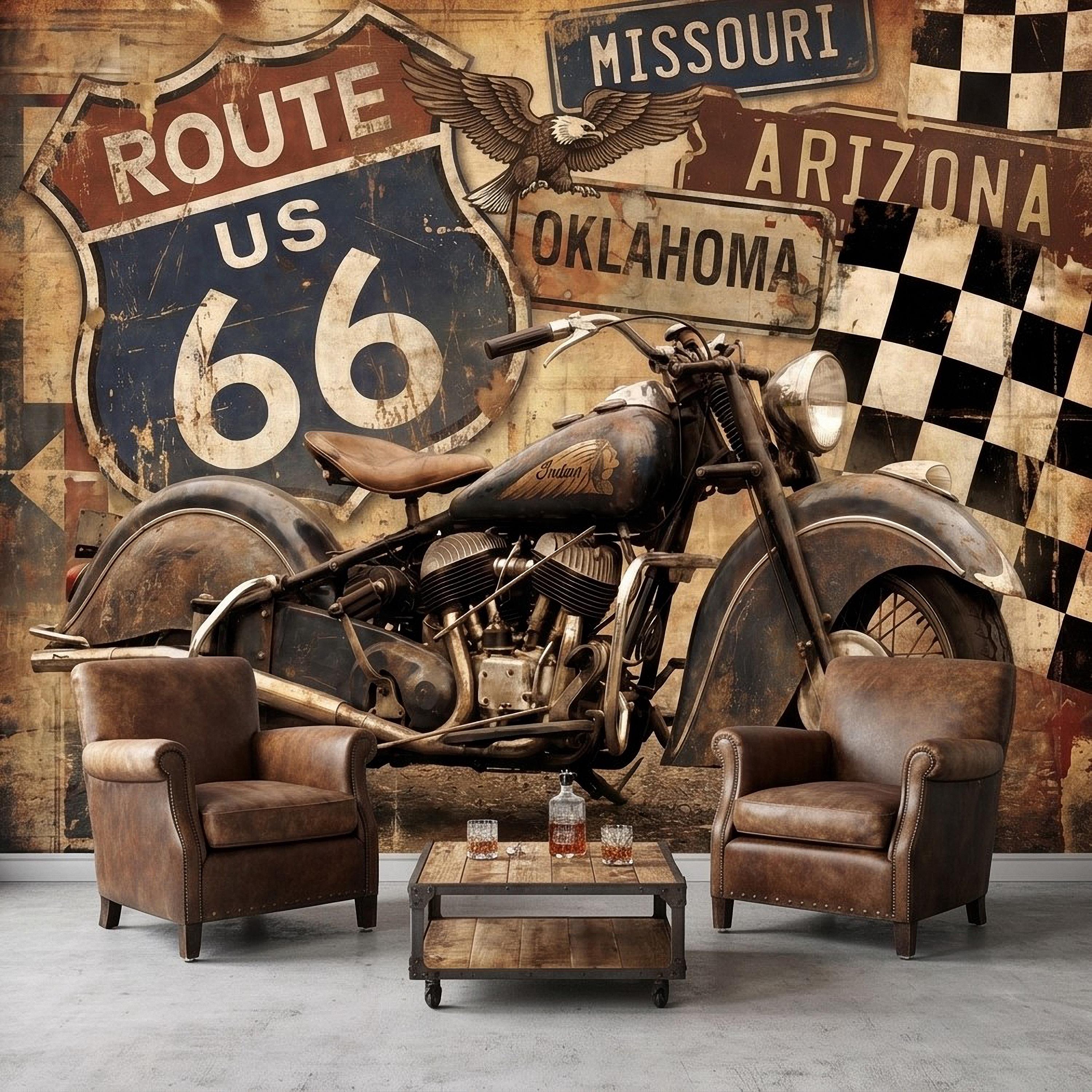 Vintage Route 66 Peel and Stick Wall Mural, Classic American Motorcycle Garage Man Cave Industrial Loft Wallpaper