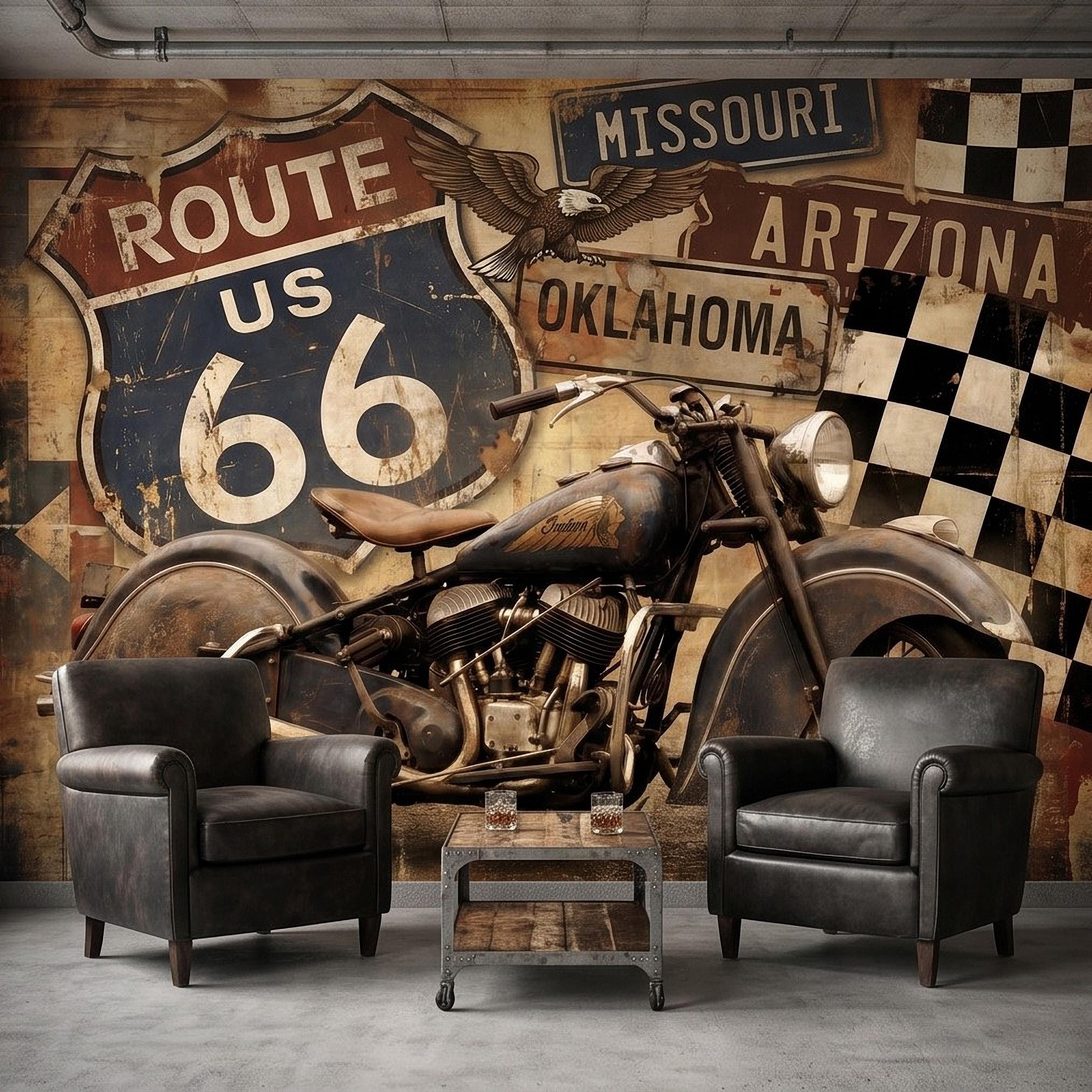 Vintage Route 66 Peel and Stick Wall Mural, Classic American Motorcycle Garage Man Cave Industrial Loft Wallpaper
